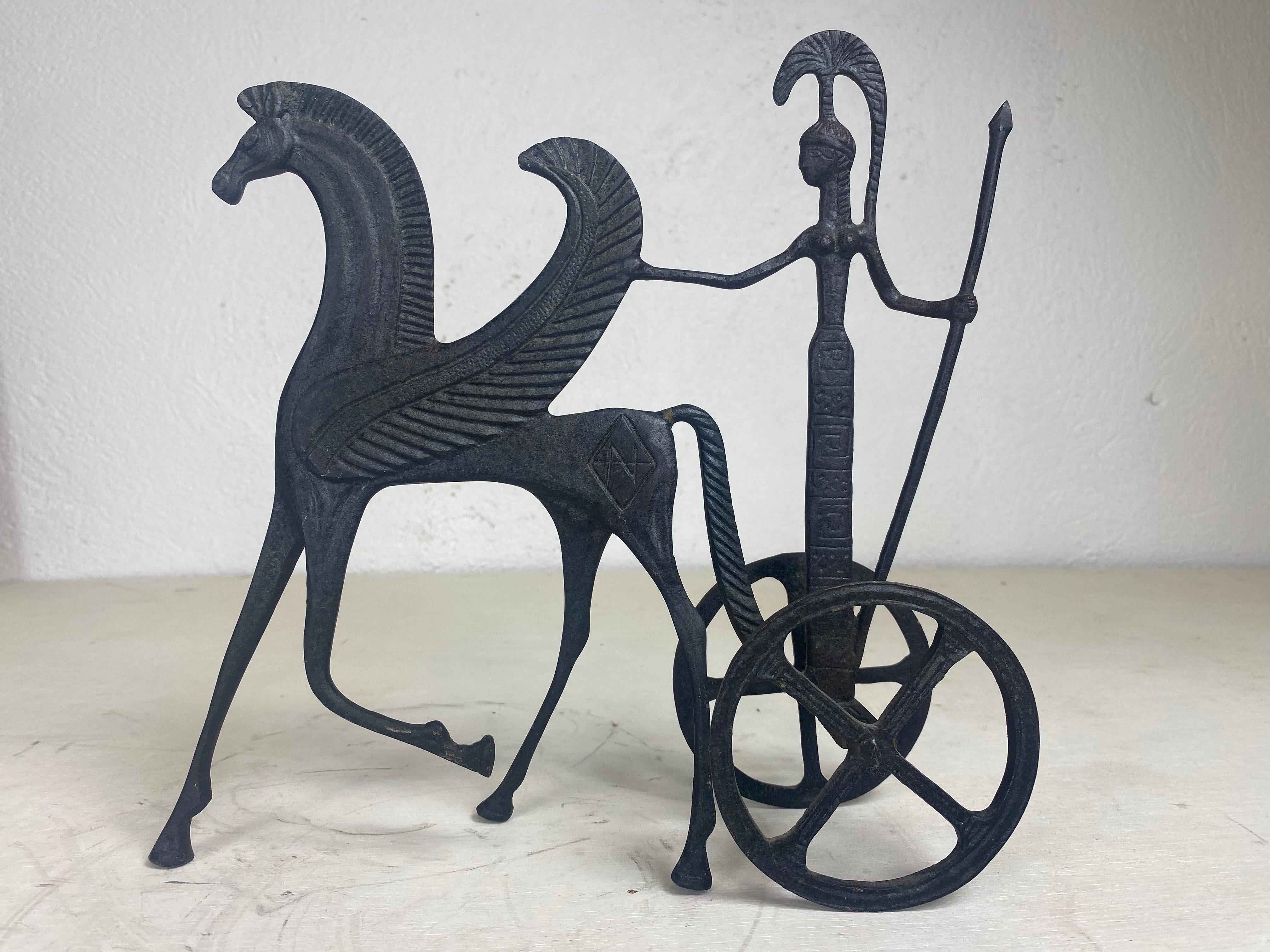 Iron Mid century cast iron sculpture of mythical horse and figure. For Sale