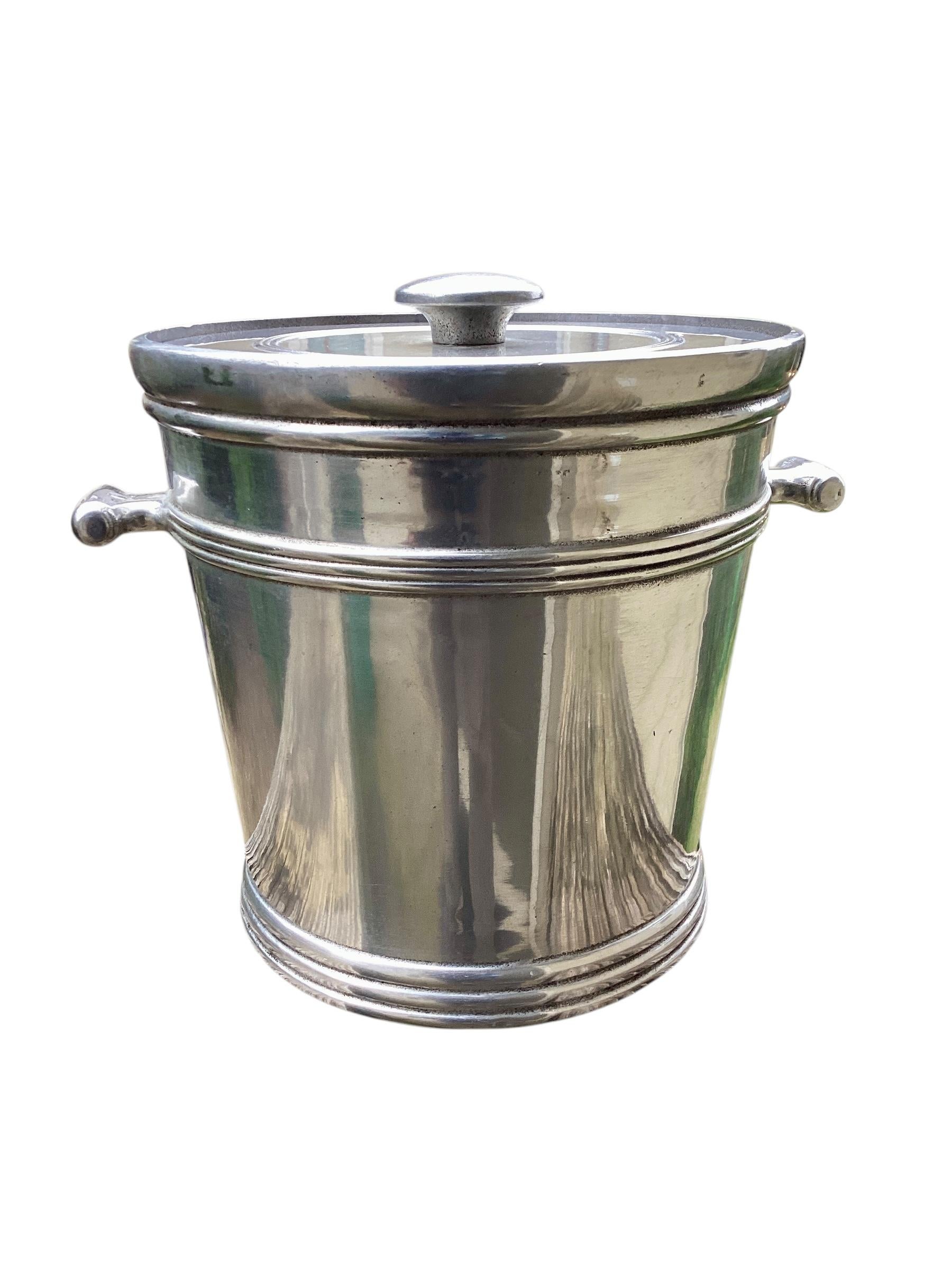 Mid Century Cast Pewter Ice Bucket by Wilton-Columbia,PA. Retain original plastic liner and lid.