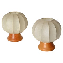 Pair of Mid-Century Castiglioni Cocoon Table Lamps with Oak Base, Italy 1960s