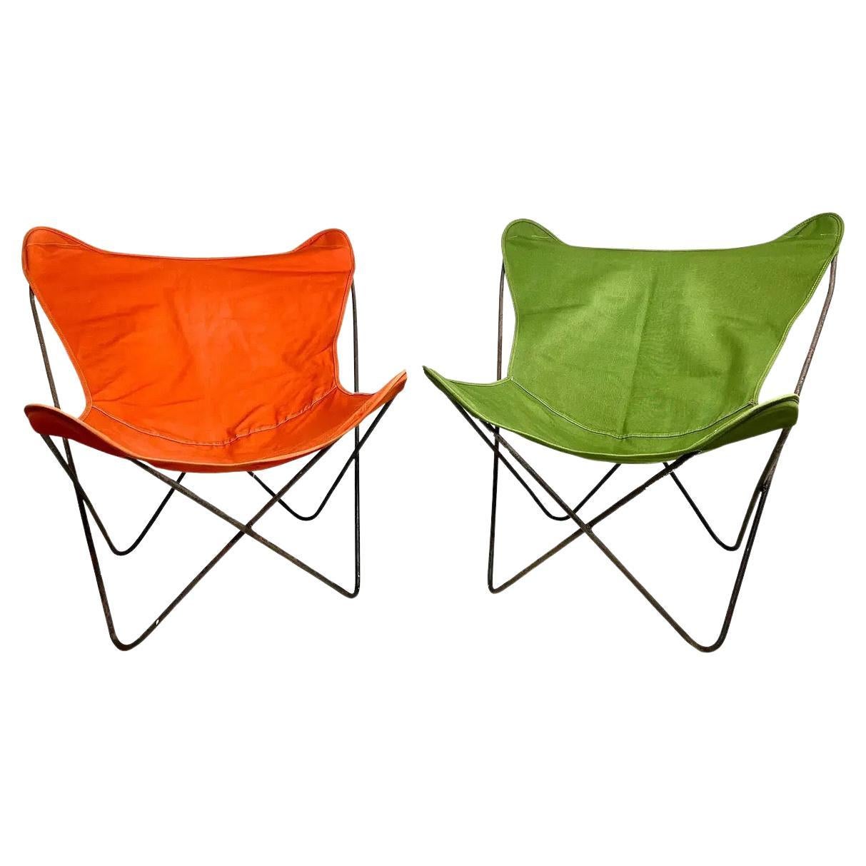 Mid Century CastIron Butterfly Chairs With Canvas Slings - a Pair