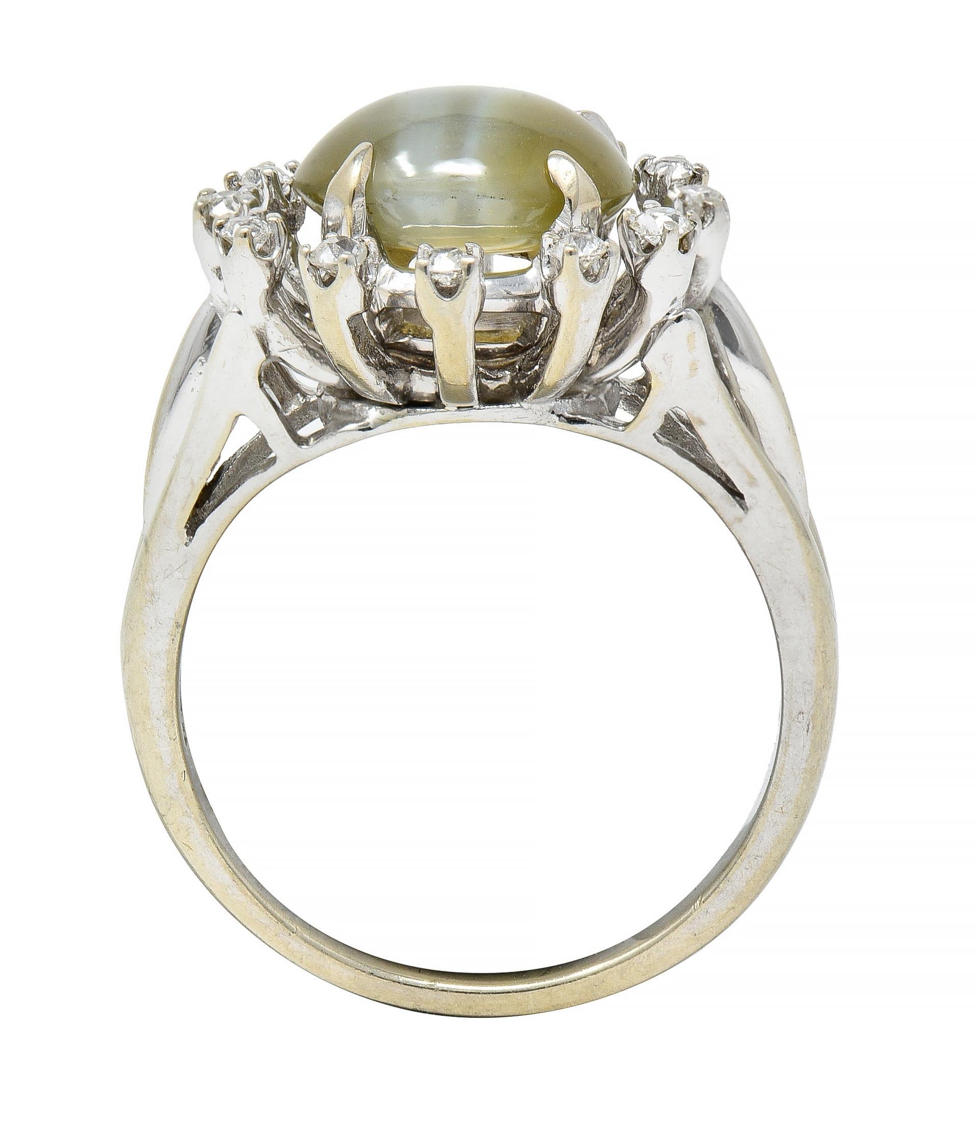 Mid-Century Cat's Eye Chrysoberyl Diamond 14 Karat White Gold Cluster Ring For Sale 5