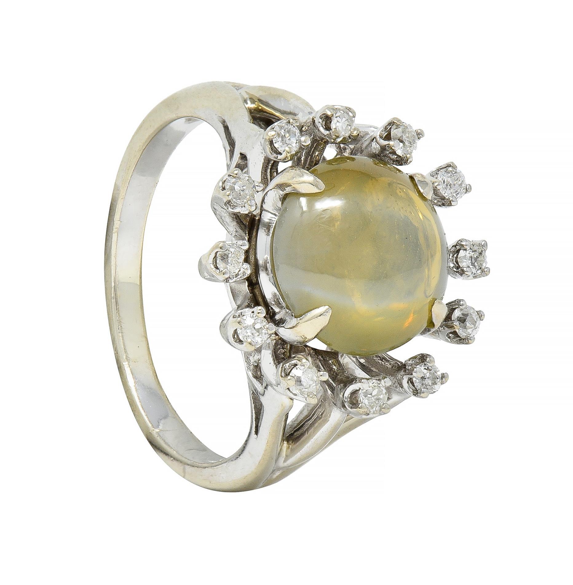 Mid-Century Cat's Eye Chrysoberyl Diamond 14 Karat White Gold Cluster Ring For Sale 7