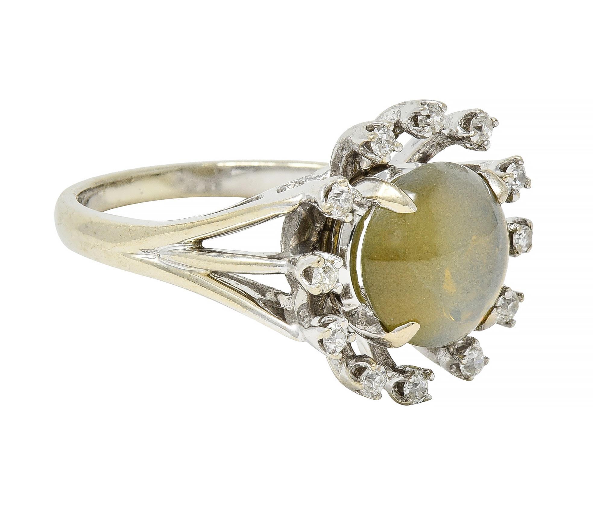 Cabochon Mid-Century Cat's Eye Chrysoberyl Diamond 14 Karat White Gold Cluster Ring For Sale