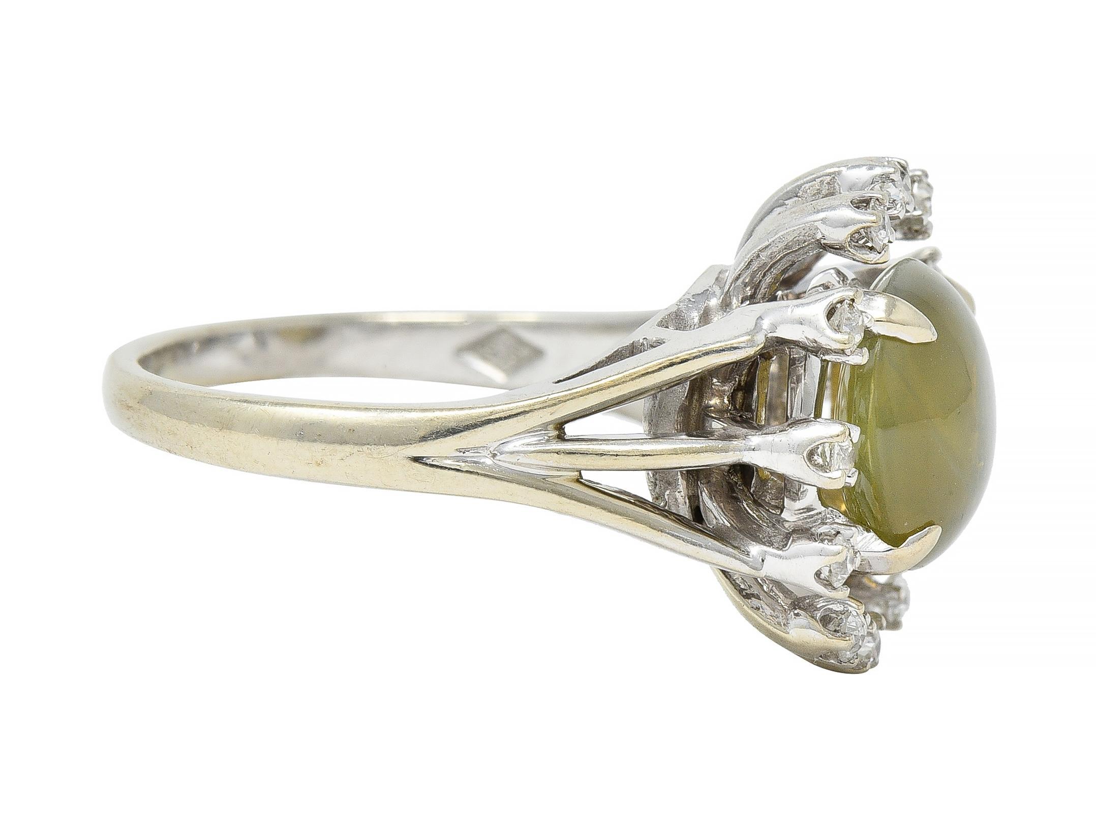Mid-Century Cat's Eye Chrysoberyl Diamond 14 Karat White Gold Cluster Ring In Excellent Condition For Sale In Philadelphia, PA