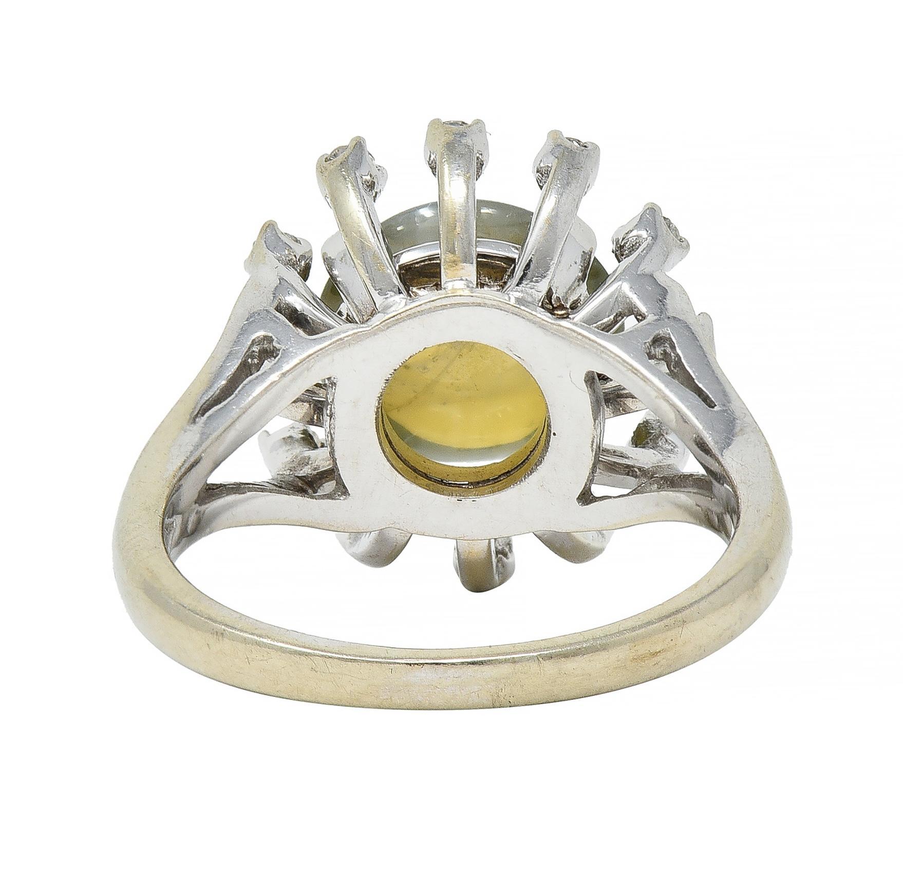 Women's or Men's Mid-Century Cat's Eye Chrysoberyl Diamond 14 Karat White Gold Cluster Ring For Sale