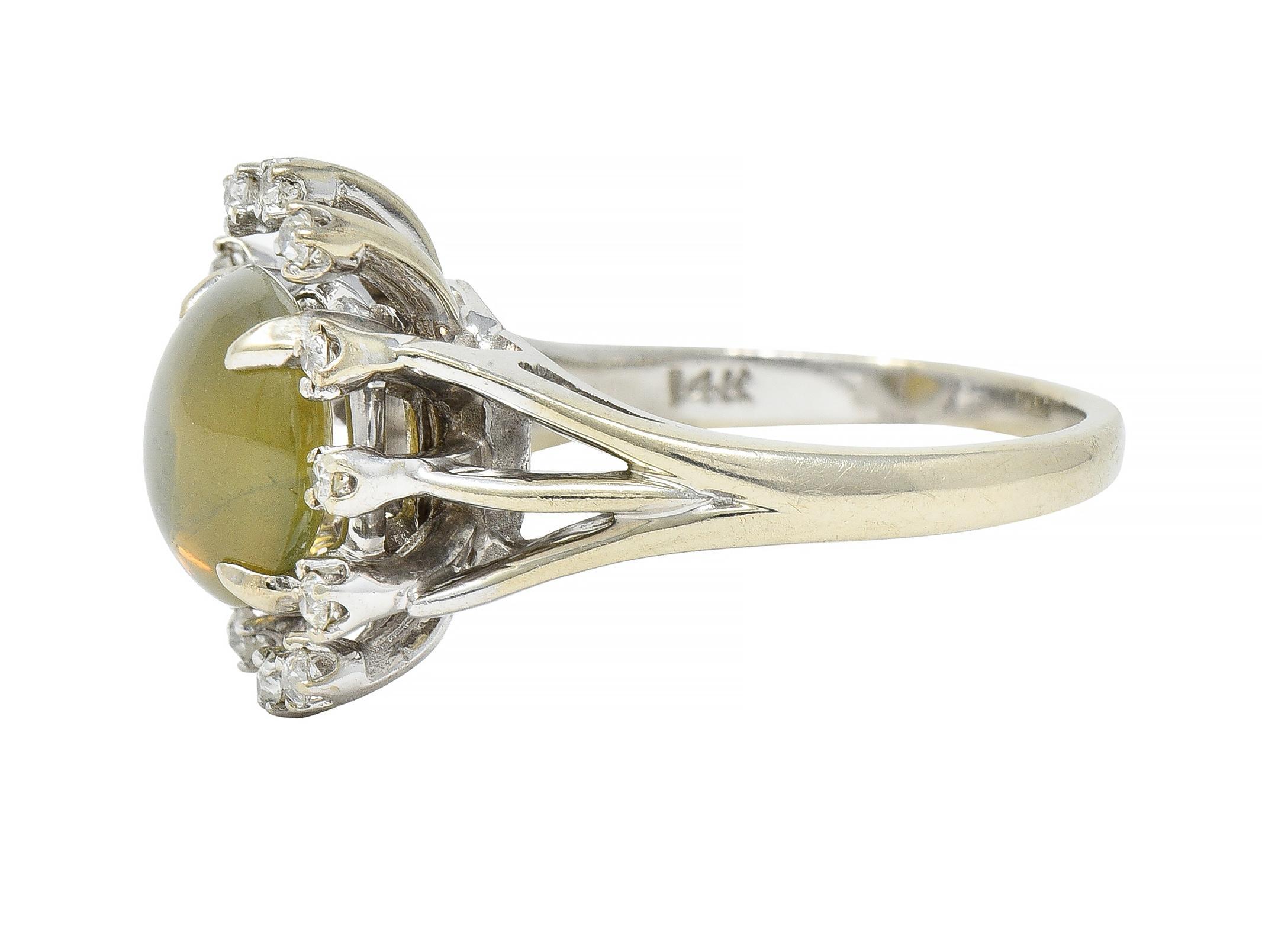 Mid-Century Cat's Eye Chrysoberyl Diamond 14 Karat White Gold Cluster Ring For Sale 1
