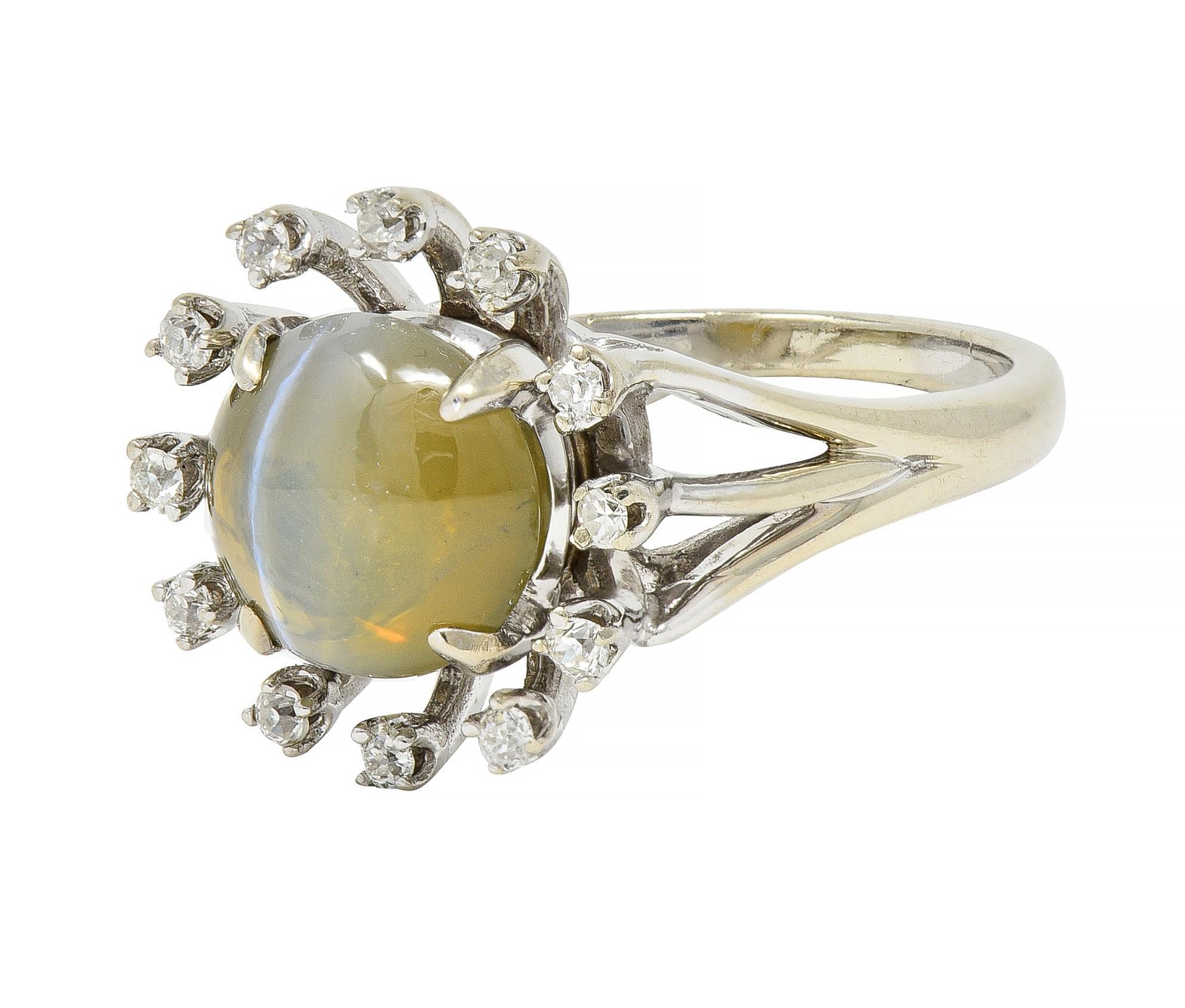 Mid-Century Cat's Eye Chrysoberyl Diamond 14 Karat White Gold Cluster Ring For Sale 2