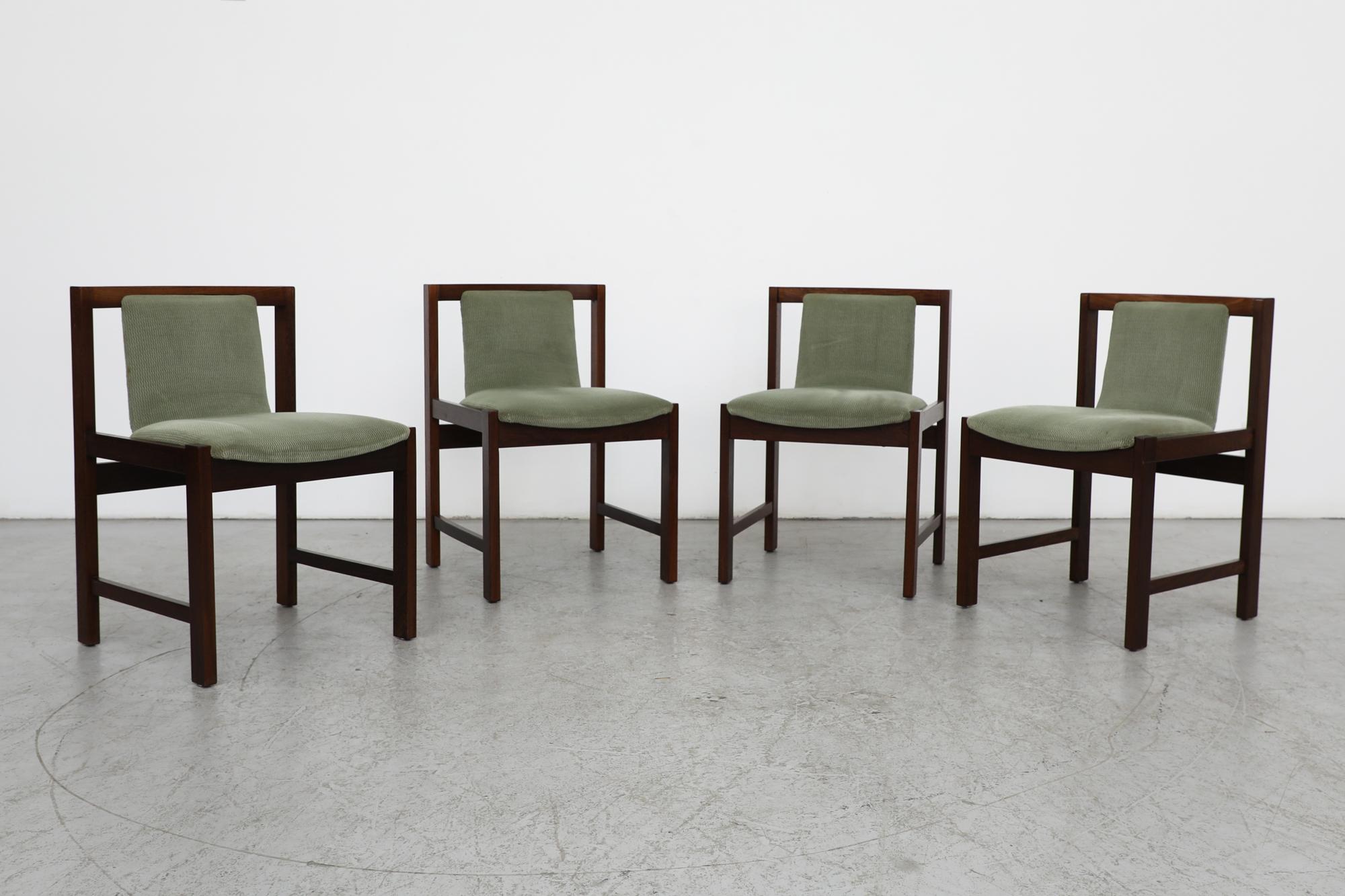 Handsome set of 4 square framed, mid century, wenge dining chairs with original sage green slipper seating upholstery. Attributed to Dutch design icon Cees Braakman In original condition with some visible age appropriate wear consistent with