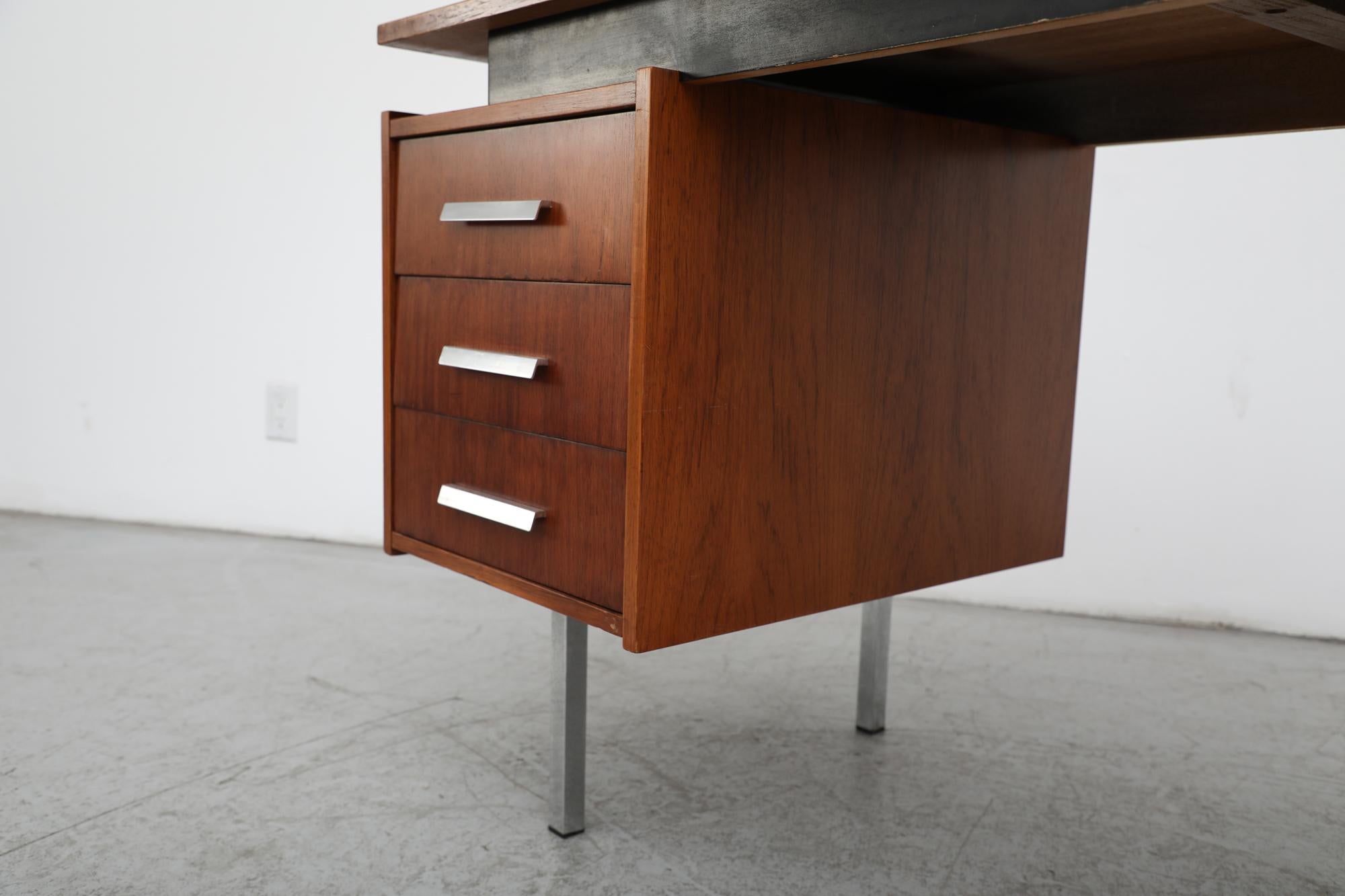 Mid-Century 6 Drawer Teak Tijsselling Desk with Floating Top and Chrome Legs For Sale 8