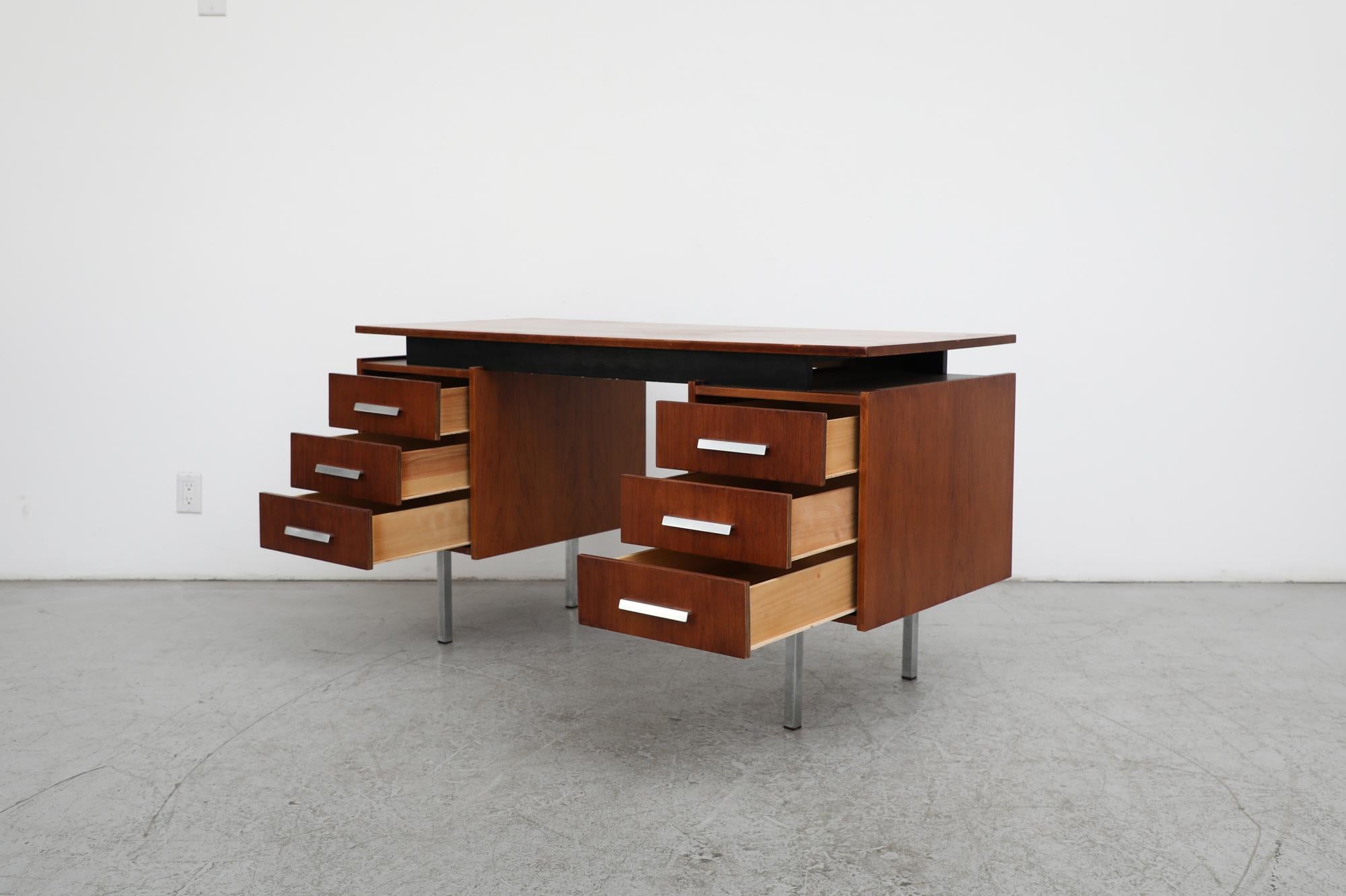 Mid-20th Century Mid-Century 6 Drawer Teak Tijsselling Desk with Floating Top and Chrome Legs For Sale