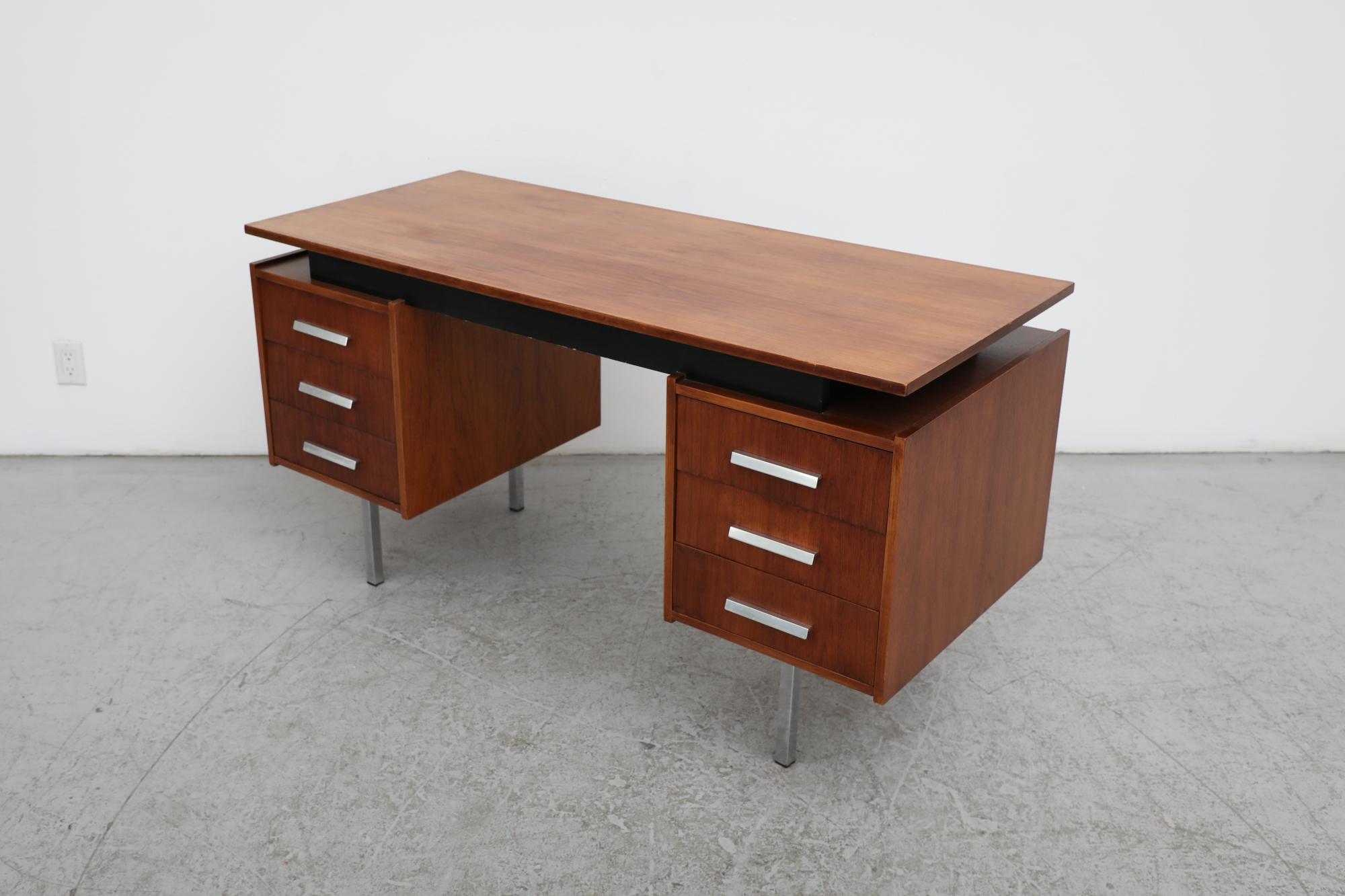 Metal Mid-Century 6 Drawer Teak Tijsselling Desk with Floating Top and Chrome Legs For Sale
