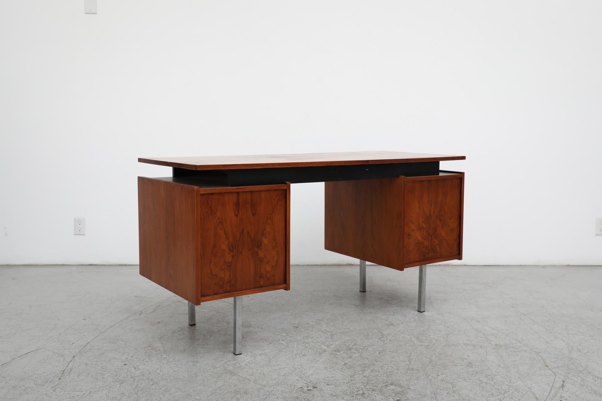 Mid-Century 6 Drawer Teak Tijsselling Desk with Floating Top and Chrome Legs 2