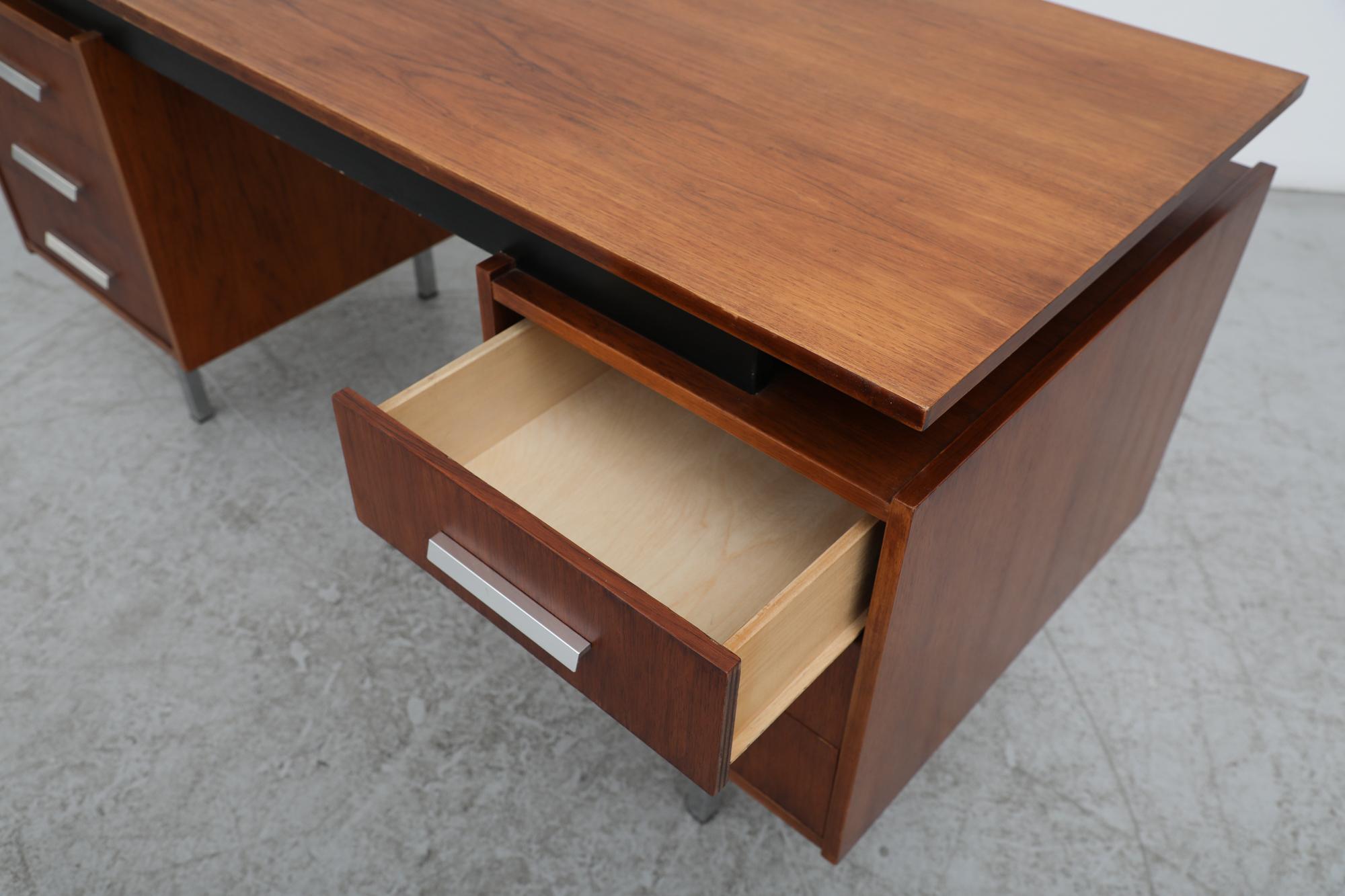 Mid-Century 6 Drawer Teak Tijsselling Desk with Floating Top and Chrome Legs 4