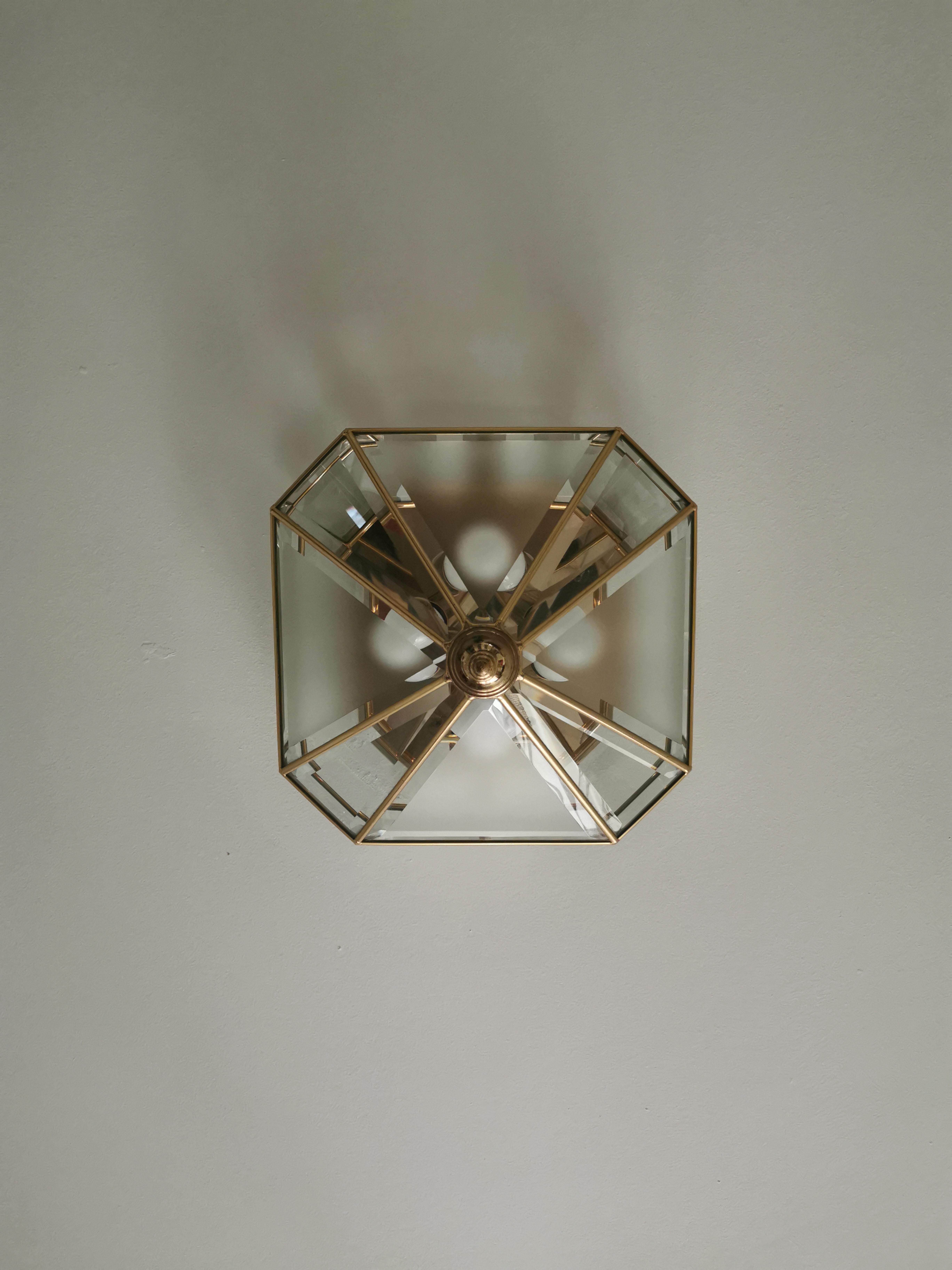 Mid-Century Modern Ceiling Lamp Wall Lamp Brass Glass Midcentury Italian Design 1970s For Sale
