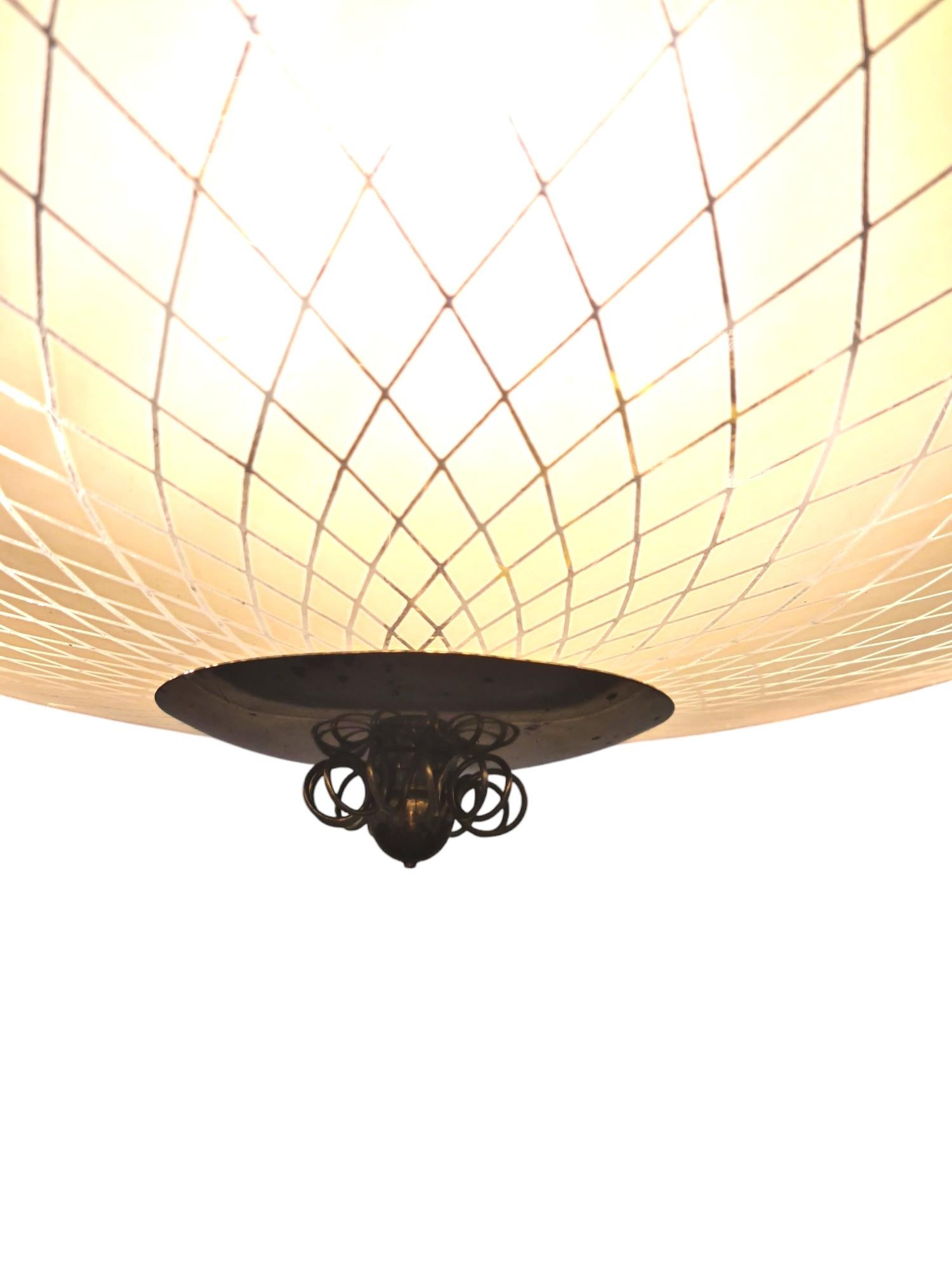 Mid-Century Modern Mid-Century Ceiling Lamp in Brass & Etched Glass, Lasipaino Oy, Finland 1950s For Sale