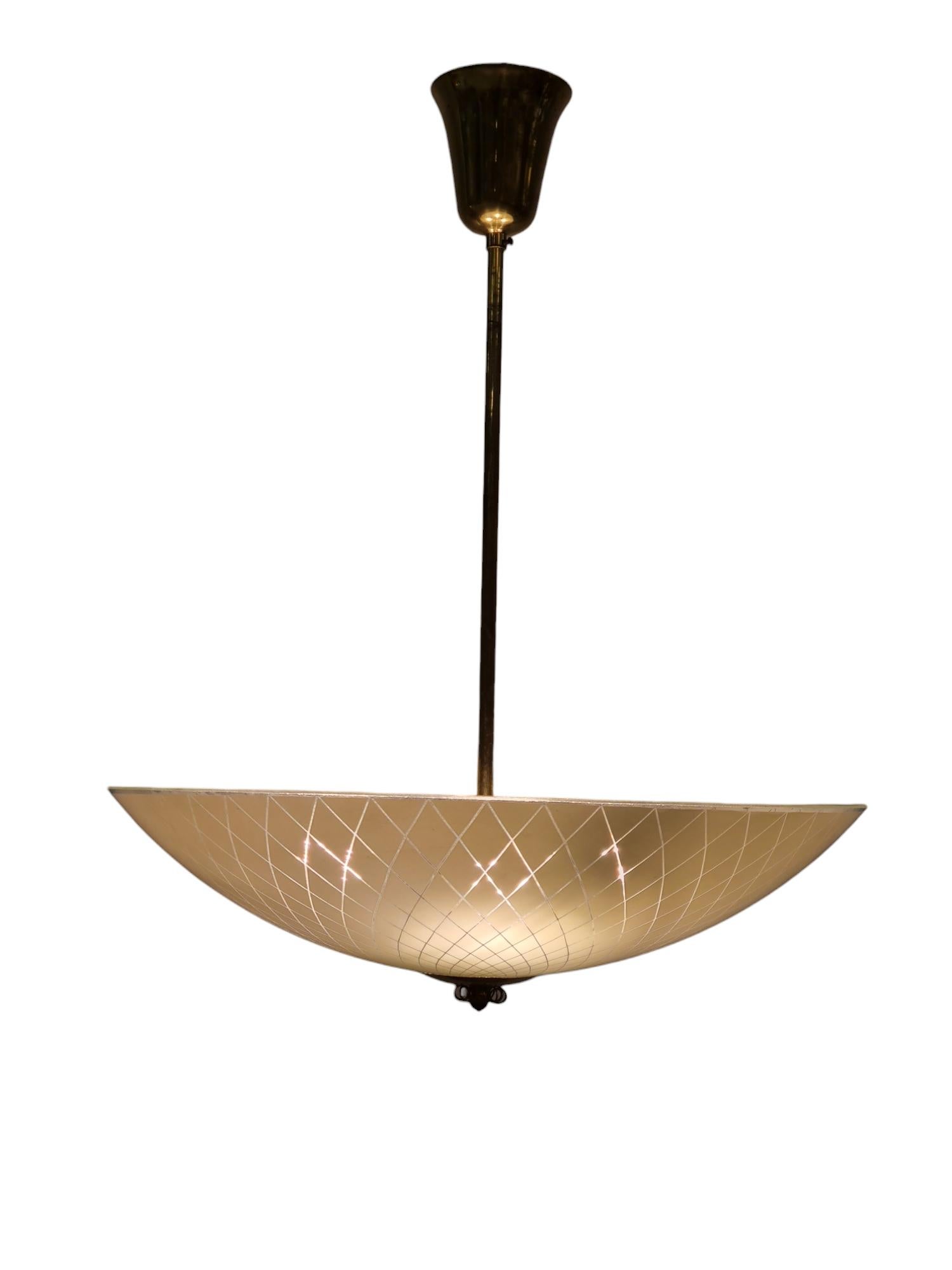 Finnish Mid-Century Ceiling Lamp in Brass & Etched Glass, Lasipaino Oy, Finland 1950s For Sale