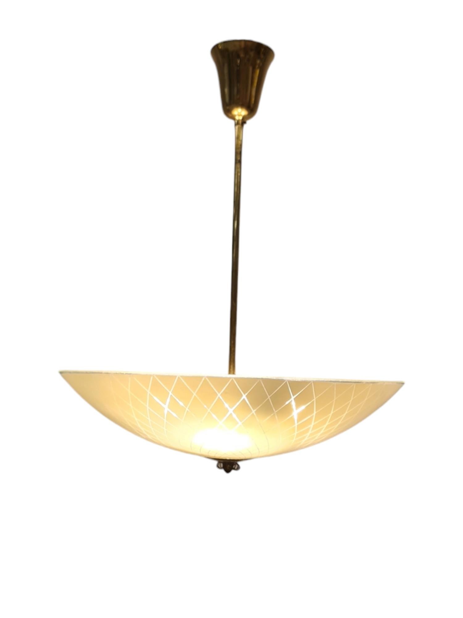 Mid-Century Ceiling Lamp in Brass & Etched Glass, Lasipaino Oy, Finland 1950s In Good Condition For Sale In Helsinki, FI
