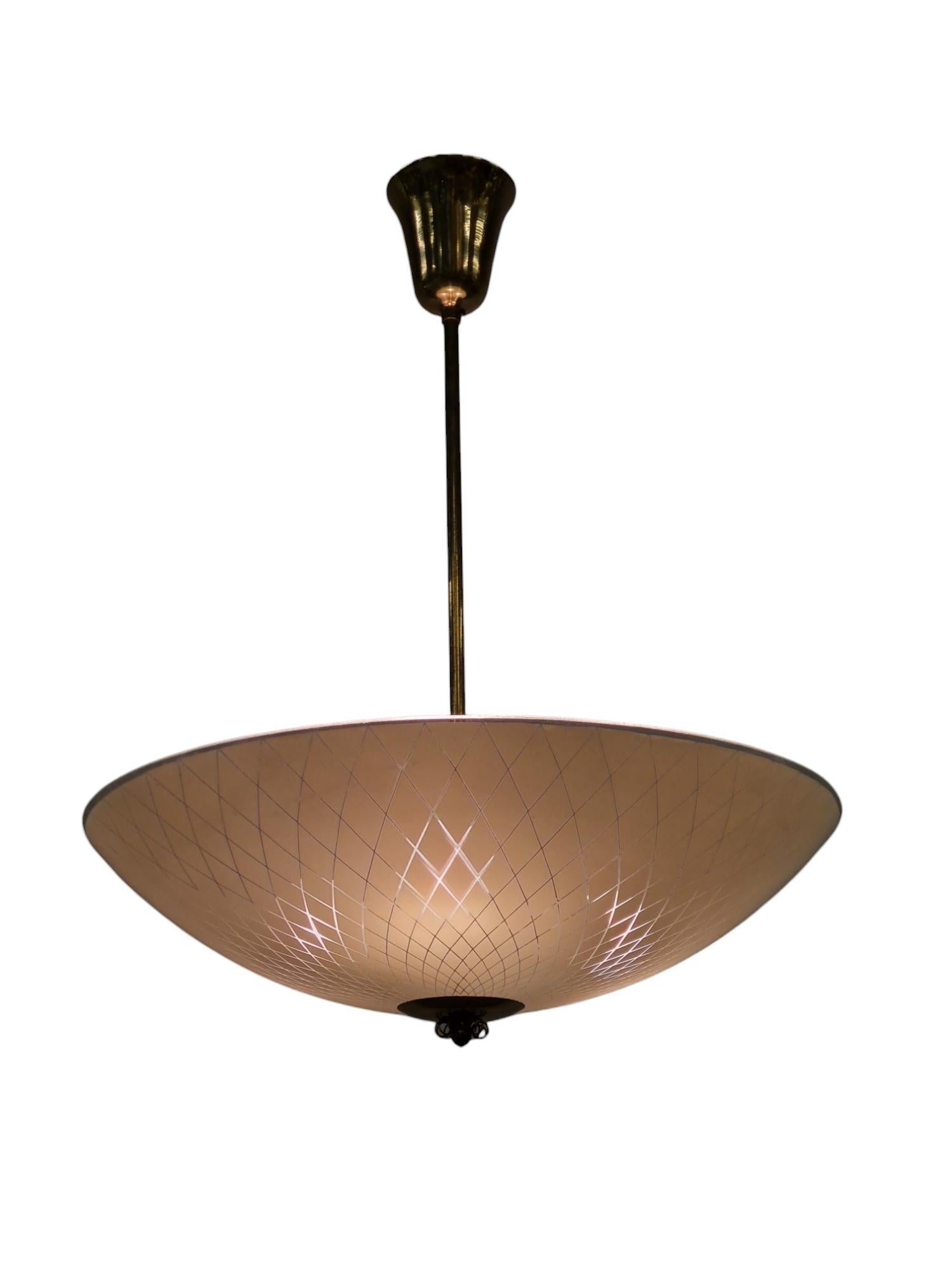 Mid-20th Century Mid-Century Ceiling Lamp in Brass & Etched Glass, Lasipaino Oy, Finland 1950s For Sale