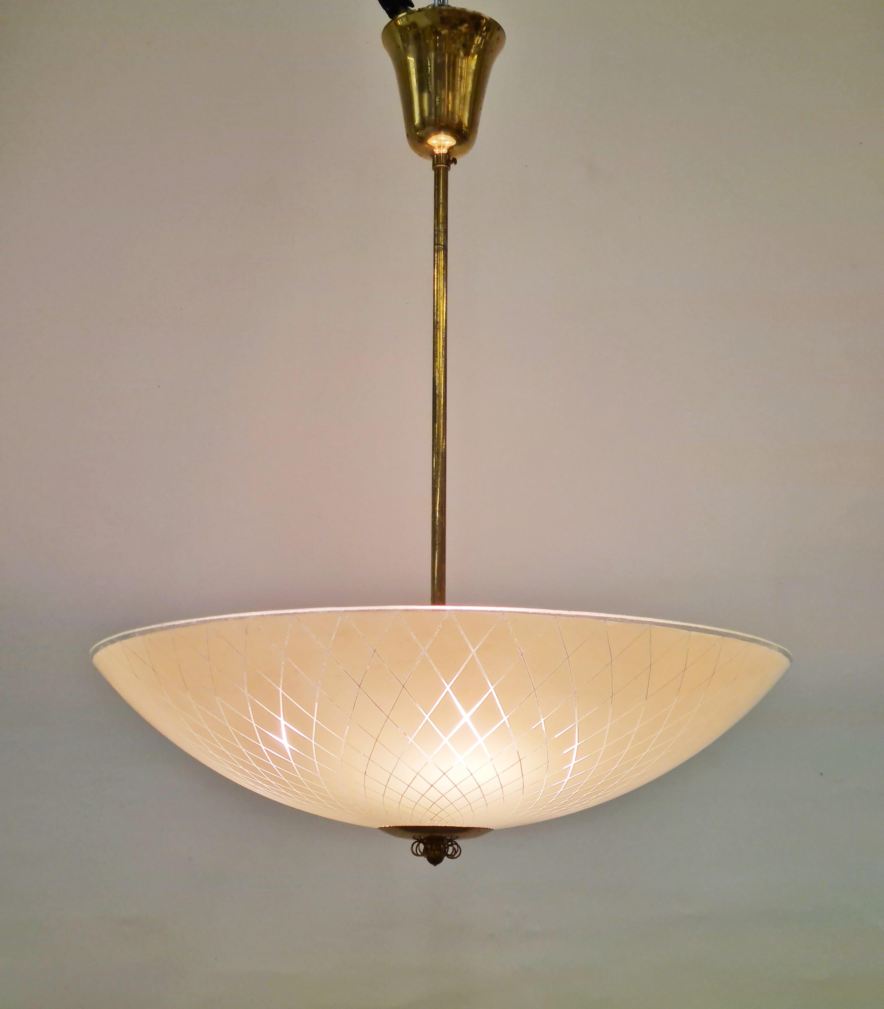 Mid-Century Ceiling Lamp in Brass & Etched Glass, Lasipaino Oy, Finland 1950s For Sale 1