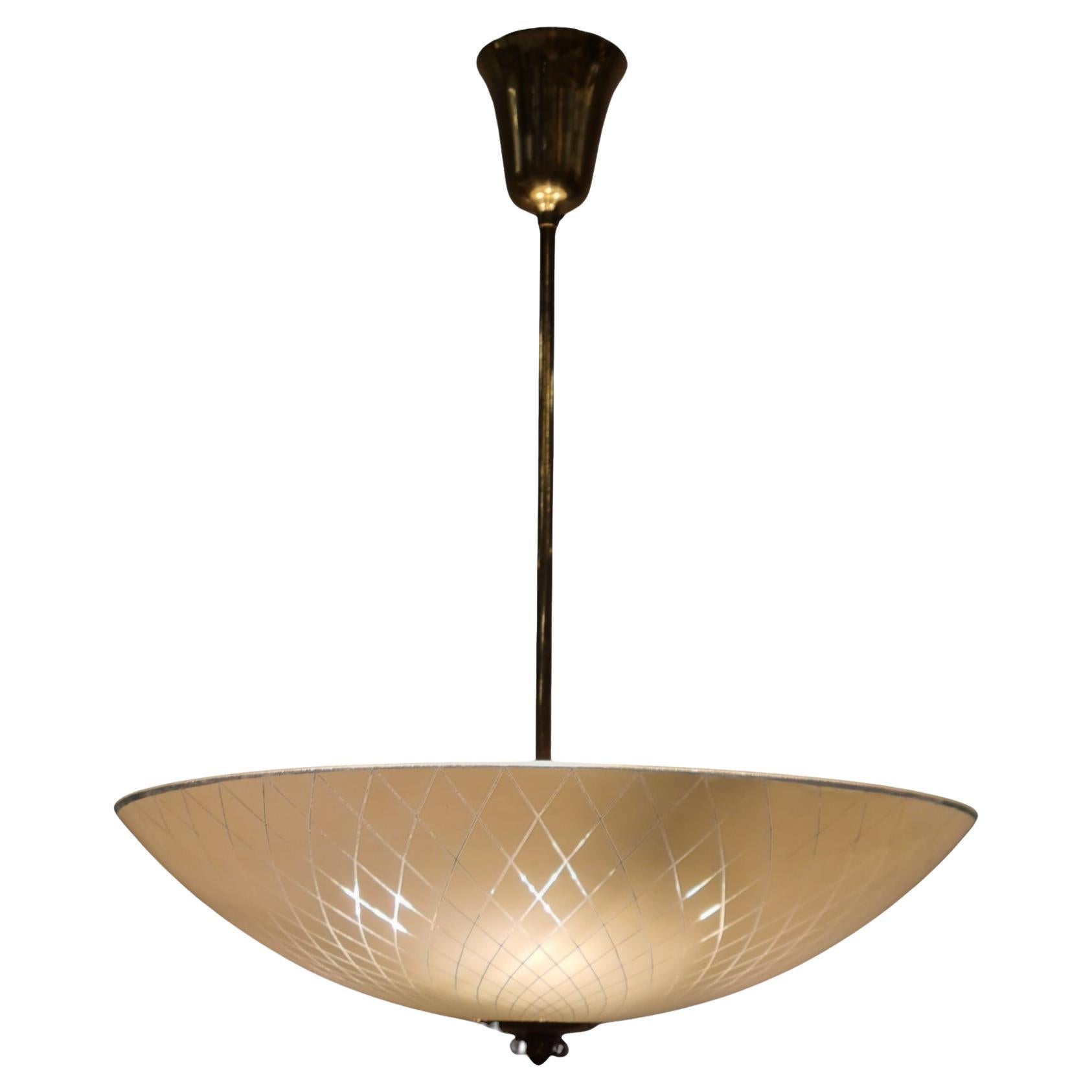 Mid-Century Ceiling Lamp in Brass & Etched Glass, Lasipaino Oy, Finland 1950s For Sale