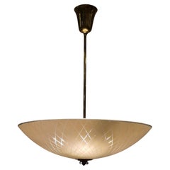 Mid-Century Ceiling Lamp in Brass & Etched Glass, Lasipaino Oy, Finland 1950s