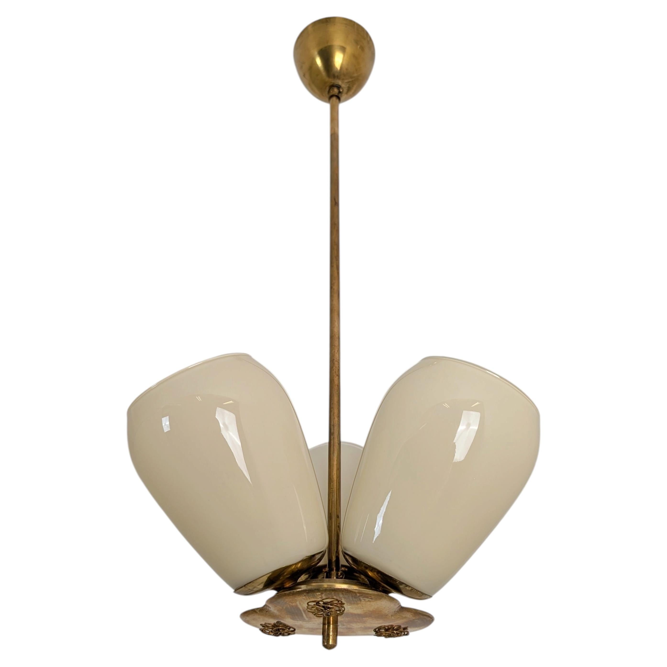 Mid-Century Chandelier in Brass & Glass, V. Soini, Finland 1950s For Sale