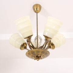 Vintage Chandelier in Brass & Glass with Spring Decorations, Finland 1950s