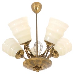 Mid-Century Ceiling Lamp in Brass & Glass with Spring Decorations, Finland 1950s