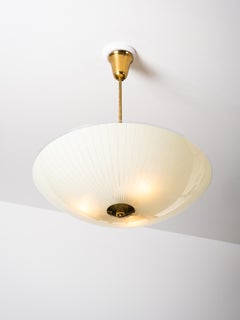 Mid-Century Ceiling Lamp in Brass & Striped Glass by Lasipaino, Finland, 1950s