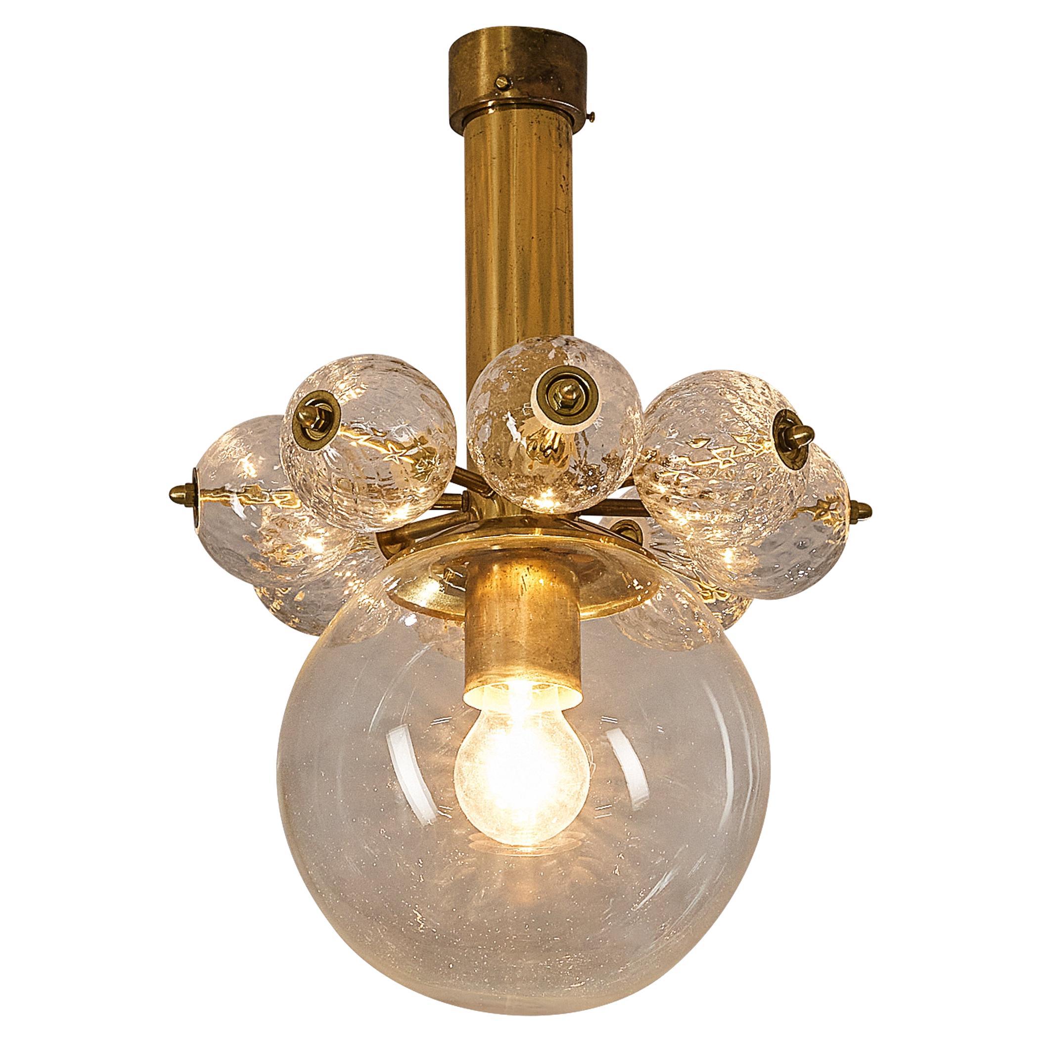Midcentury Ceiling Light in Blown Glass and Brass