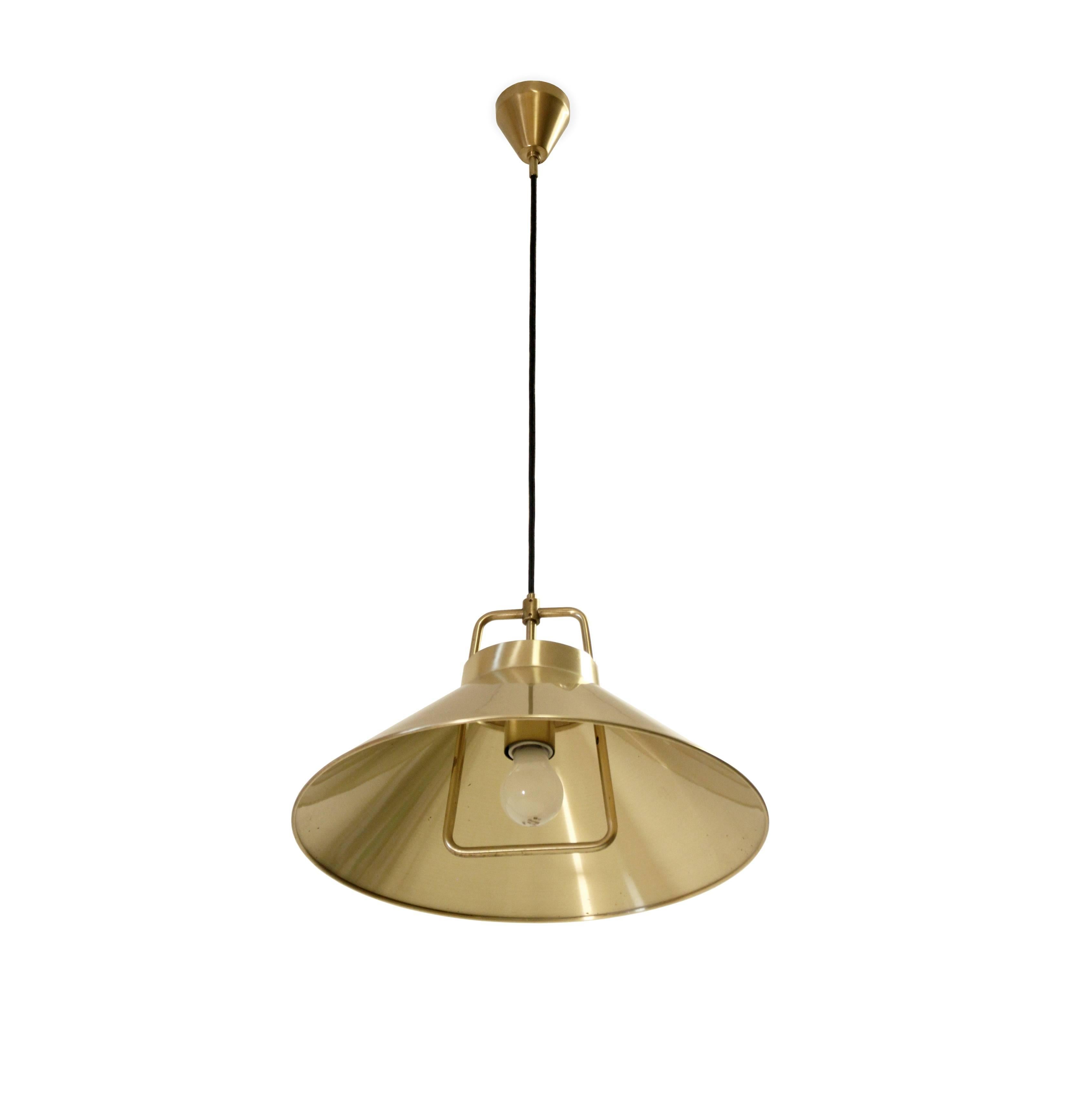 Circular ceiling light on a brass frame. Designed and made in Denmark by Lyfa from circa 1970 first half. The lamp is fully working and in very good vintage condition.