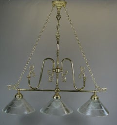 Mid-Century Chandelier, Brass Frame with Ribbed Glass Shades, 1950s