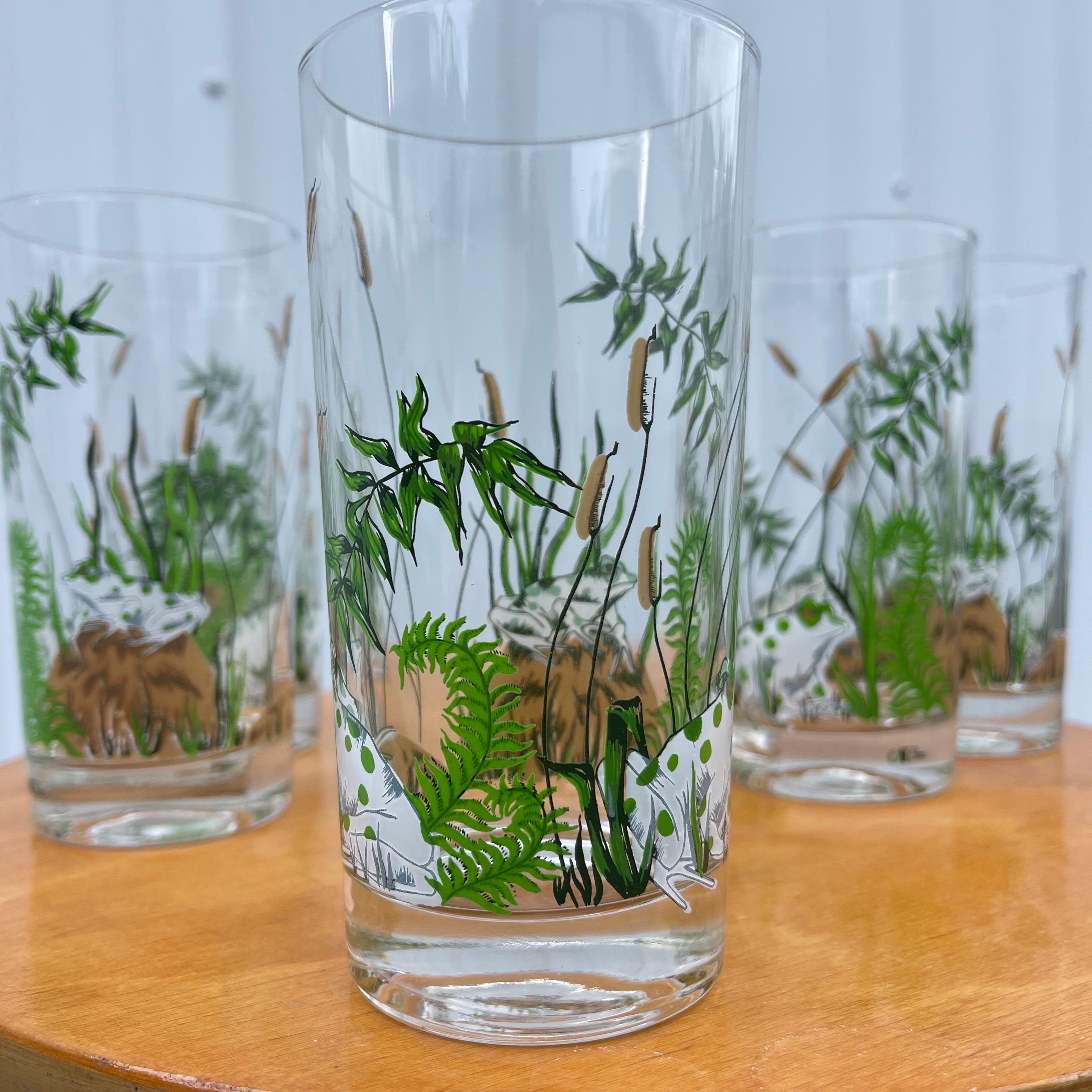 Whimsical set of 5 frog motif highball drinks glasses.