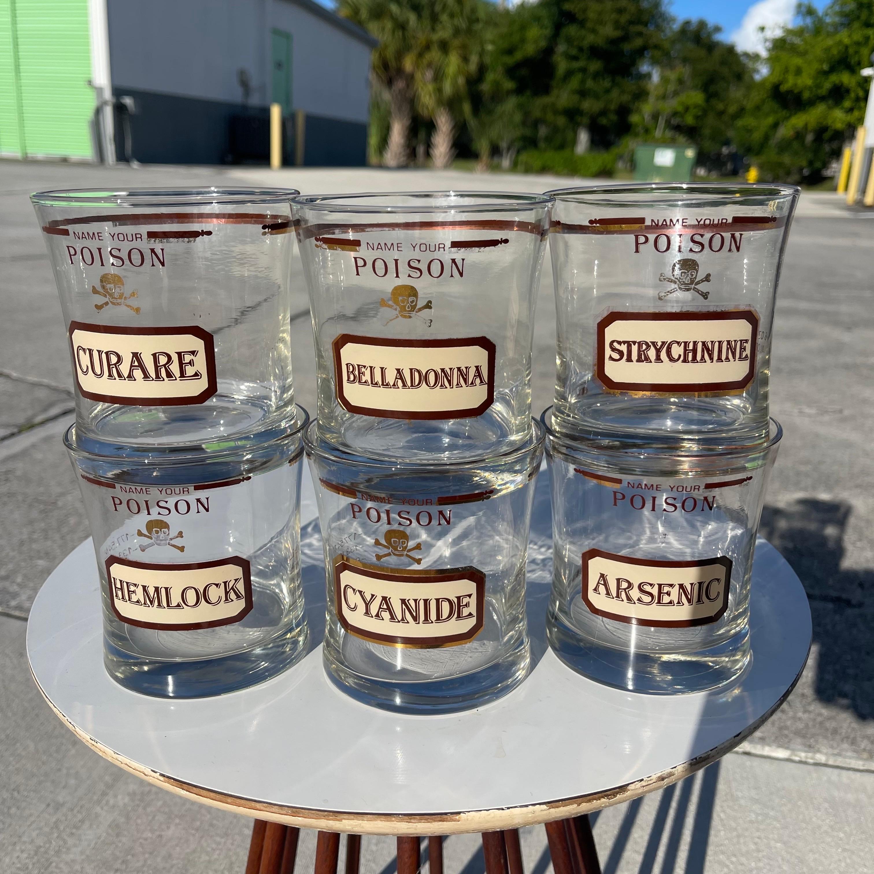 Whimsical set of 6 drinks glasses featuring the names of various poisons.