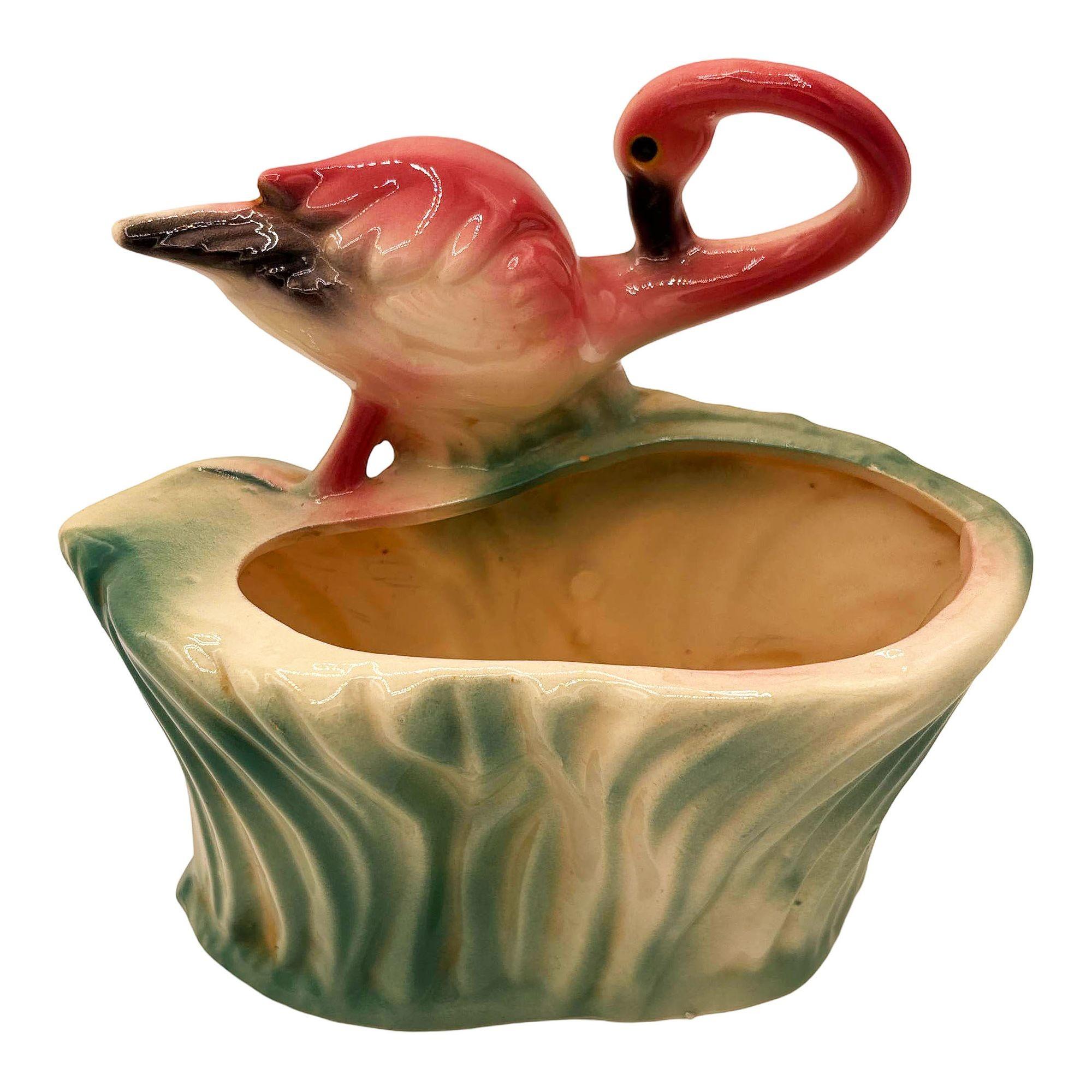 American Mid-century Ceramic 445 Pink Flamingo Flower Tabletop Planter by Maddux For Sale