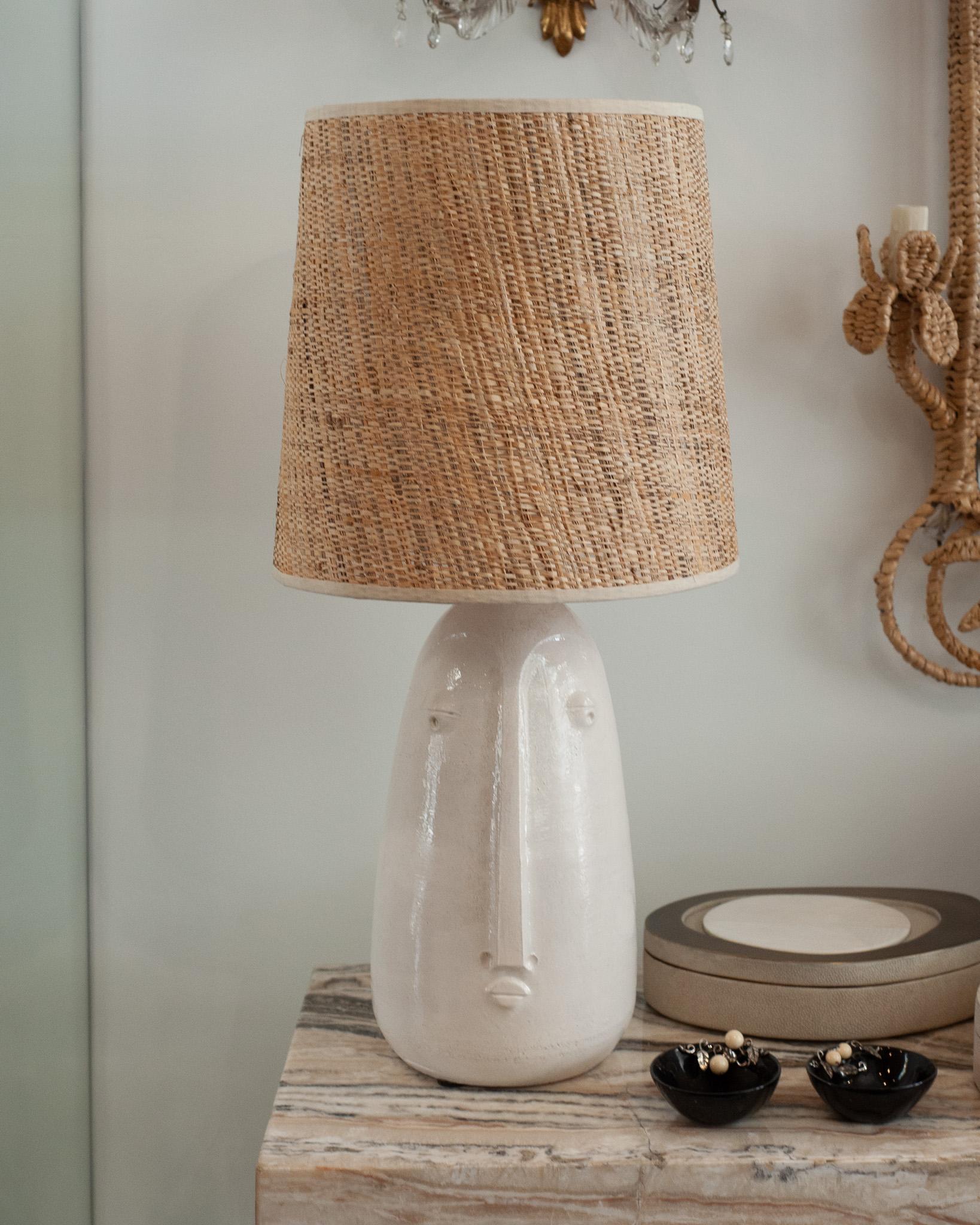 French Mid Century Ceramic Abstracted Faces Lamps with Natural Woven Shades For Sale