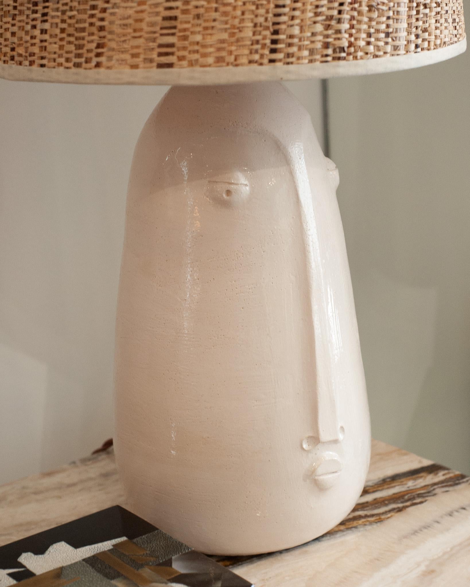 Mid Century Ceramic Abstracted Faces Lamps with Natural Woven Shades In Good Condition For Sale In Toronto, ON