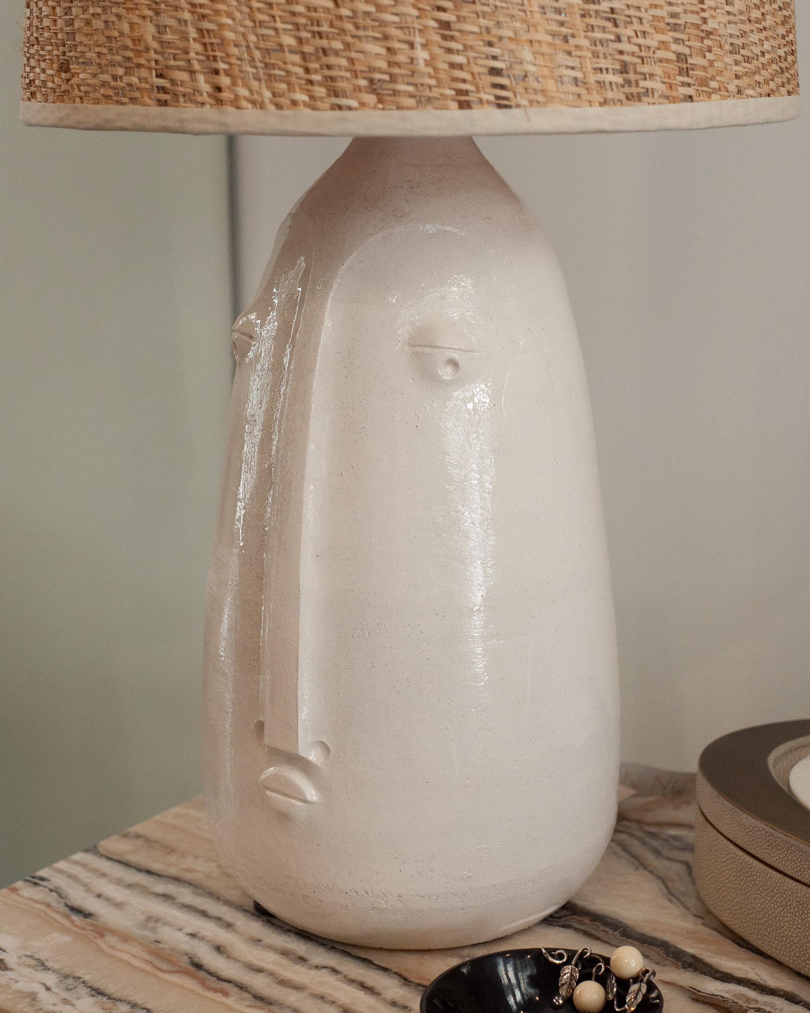 20th Century Mid Century Ceramic Abstracted Faces Lamps with Natural Woven Shades For Sale