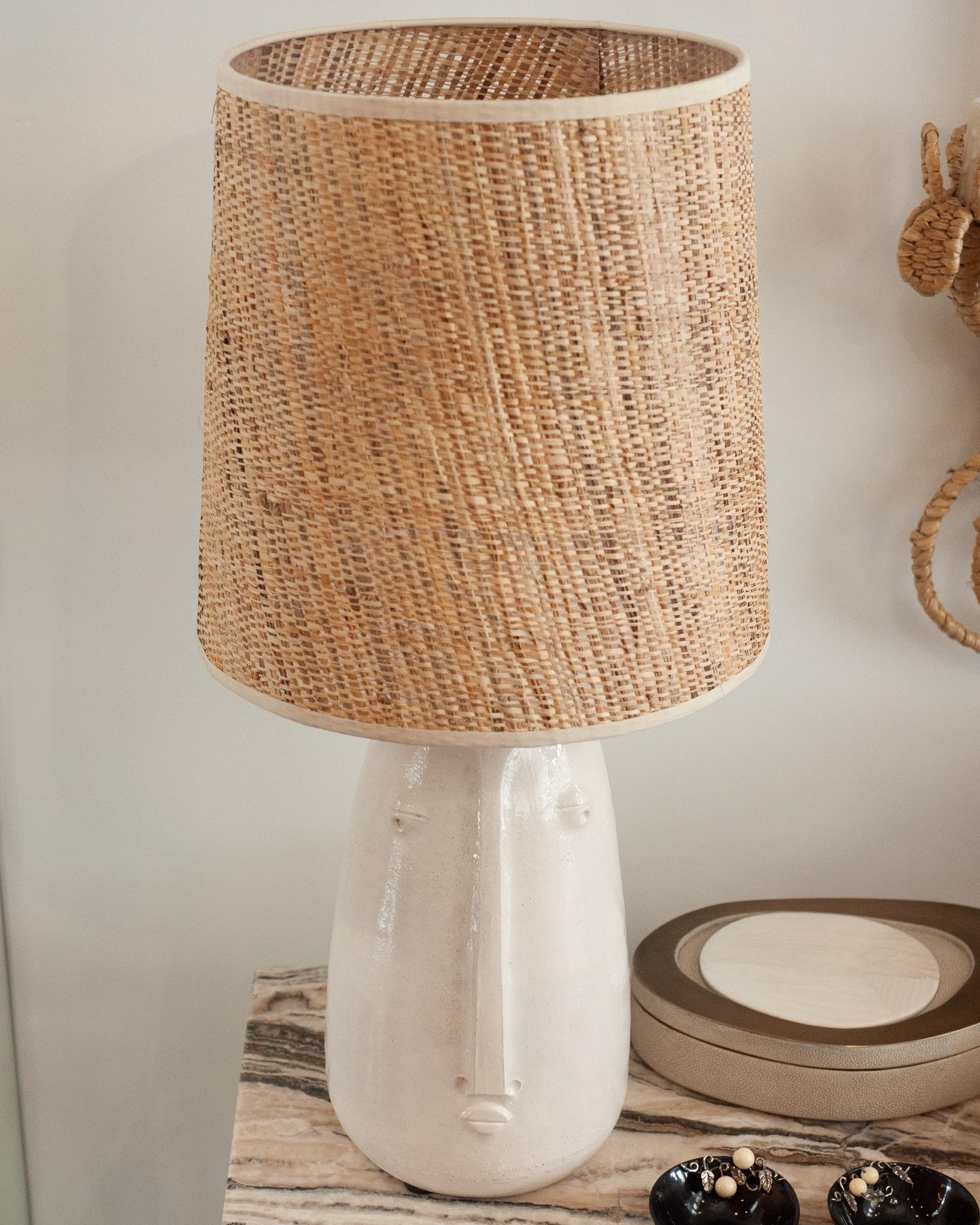 Mid Century Ceramic Abstracted Faces Lamps with Natural Woven Shades For Sale 1