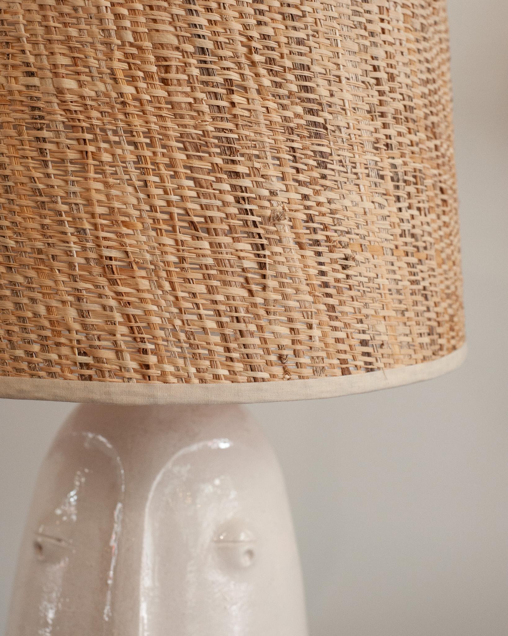Mid Century Ceramic Abstracted Faces Lamps with Natural Woven Shades For Sale 2