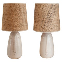 Mid Century Ceramic Abstracted Faces Lamps with Natural Woven Shades