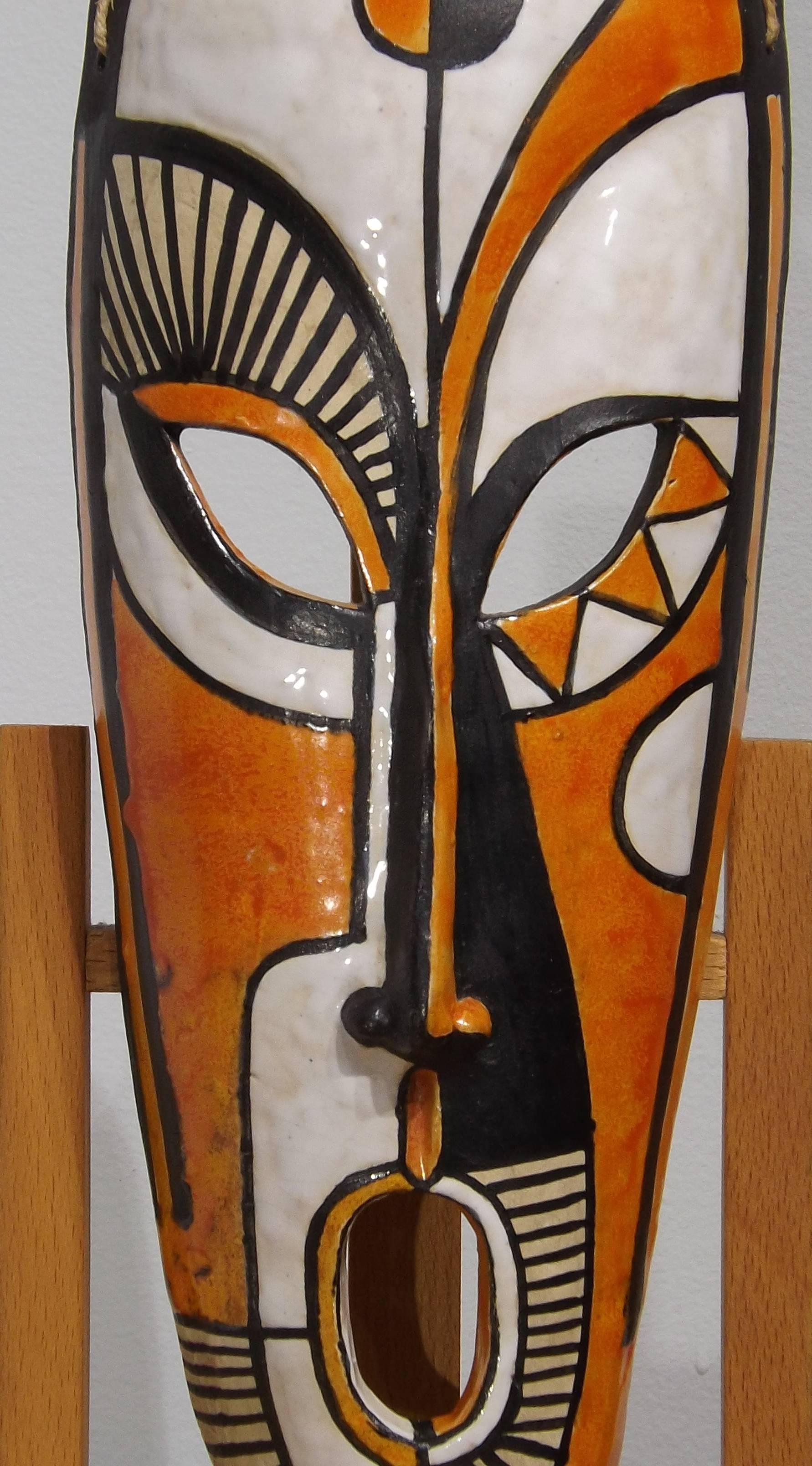 Glazed Midcentury Ceramic African Style Mask, Dated 1955