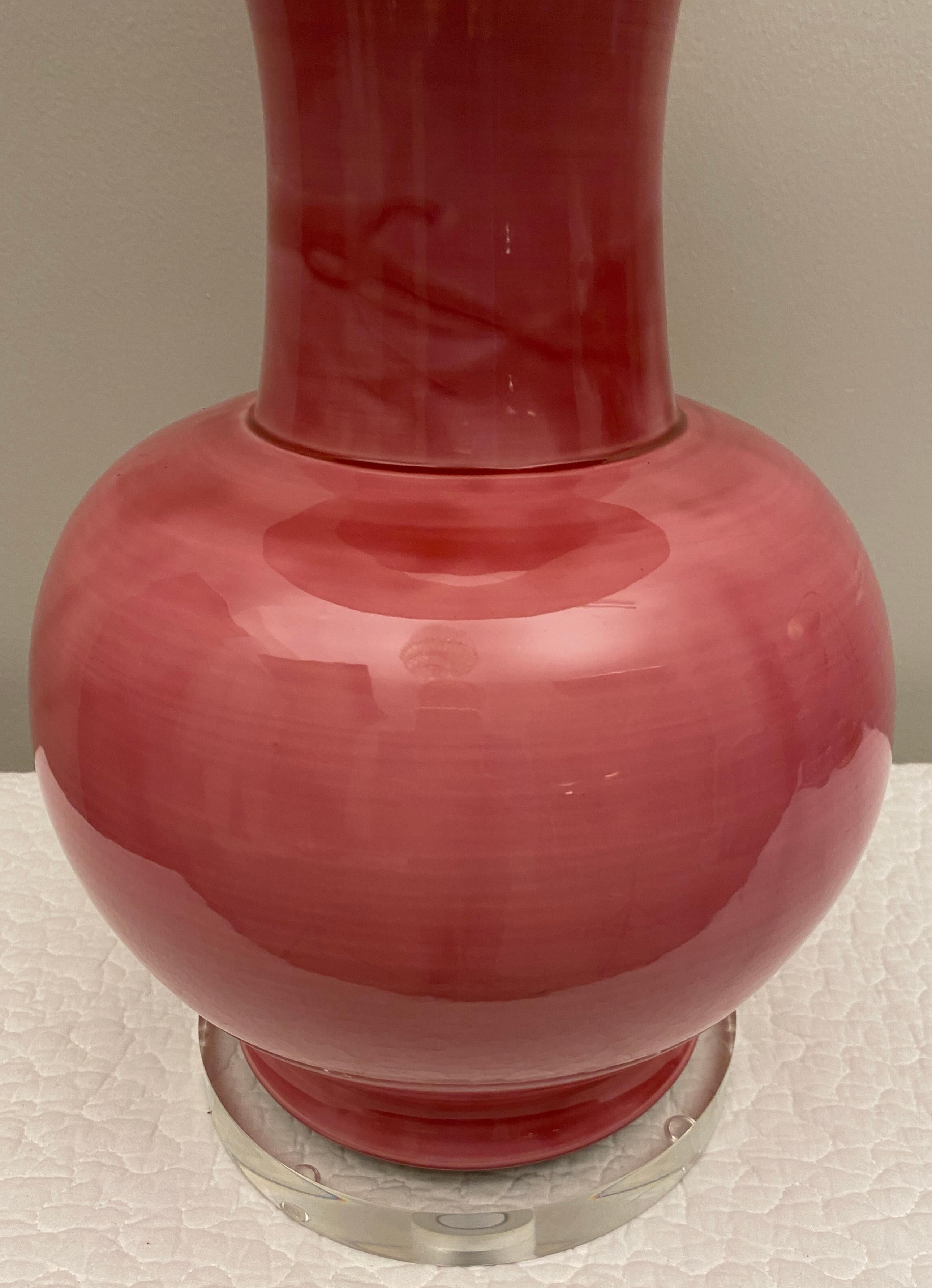 Textile French Ceramic and Lucite Table Lamp Pink and Clear Base  For Sale
