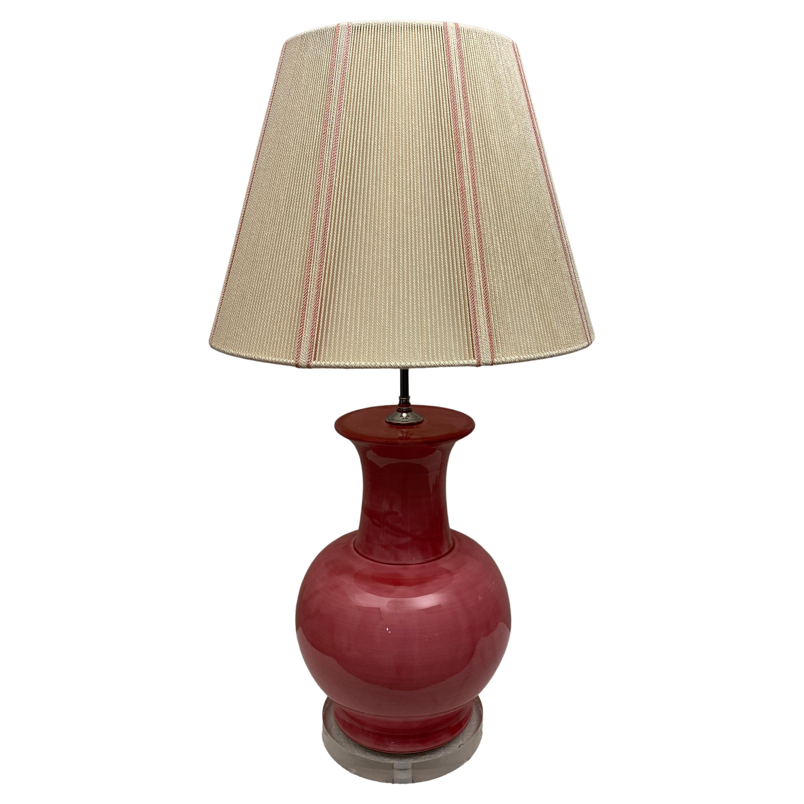 French Ceramic and Lucite Table Lamp Pink and Clear Base  For Sale