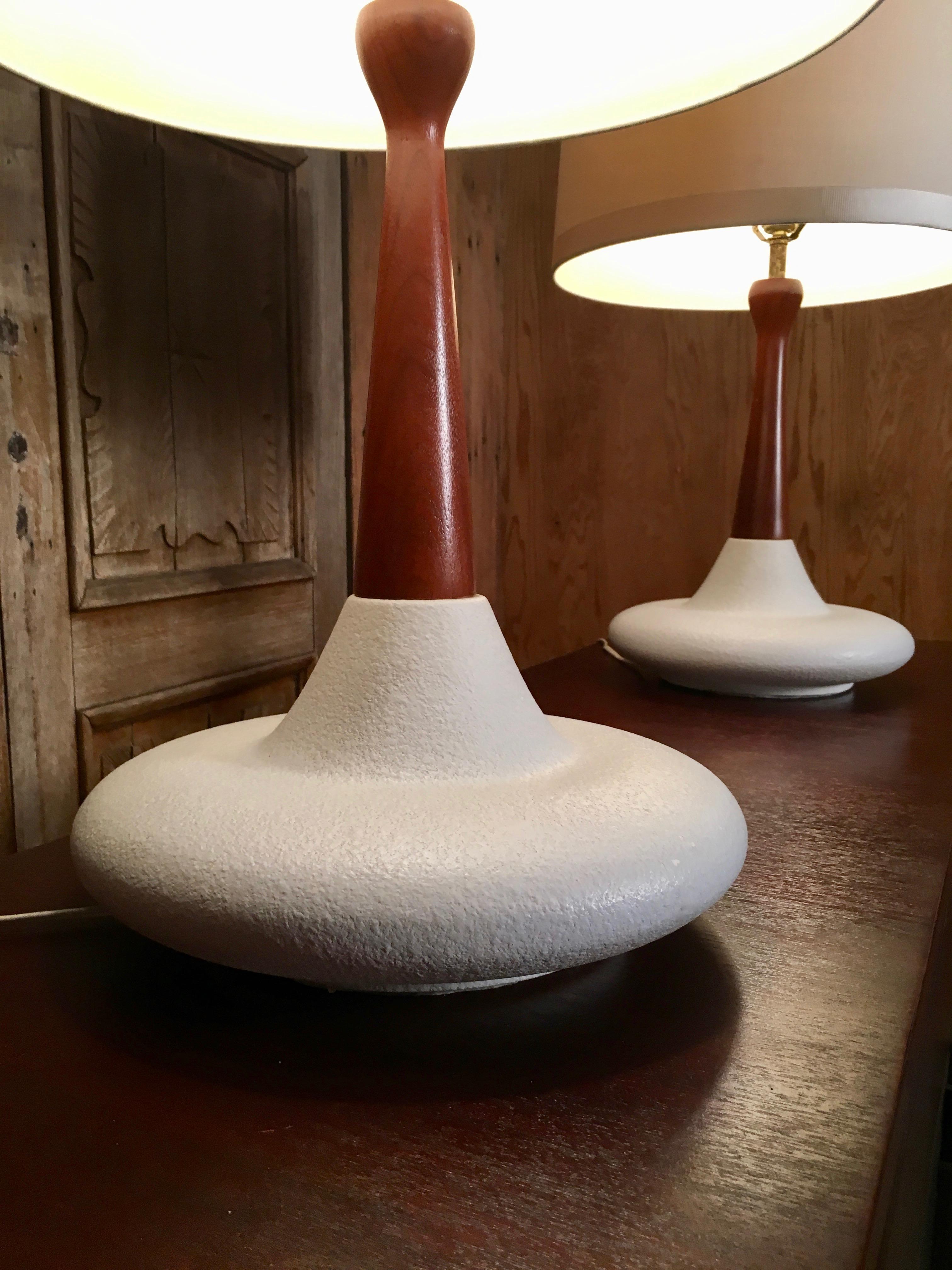 Midcentury Ceramic and Walnut Table Lamps 5