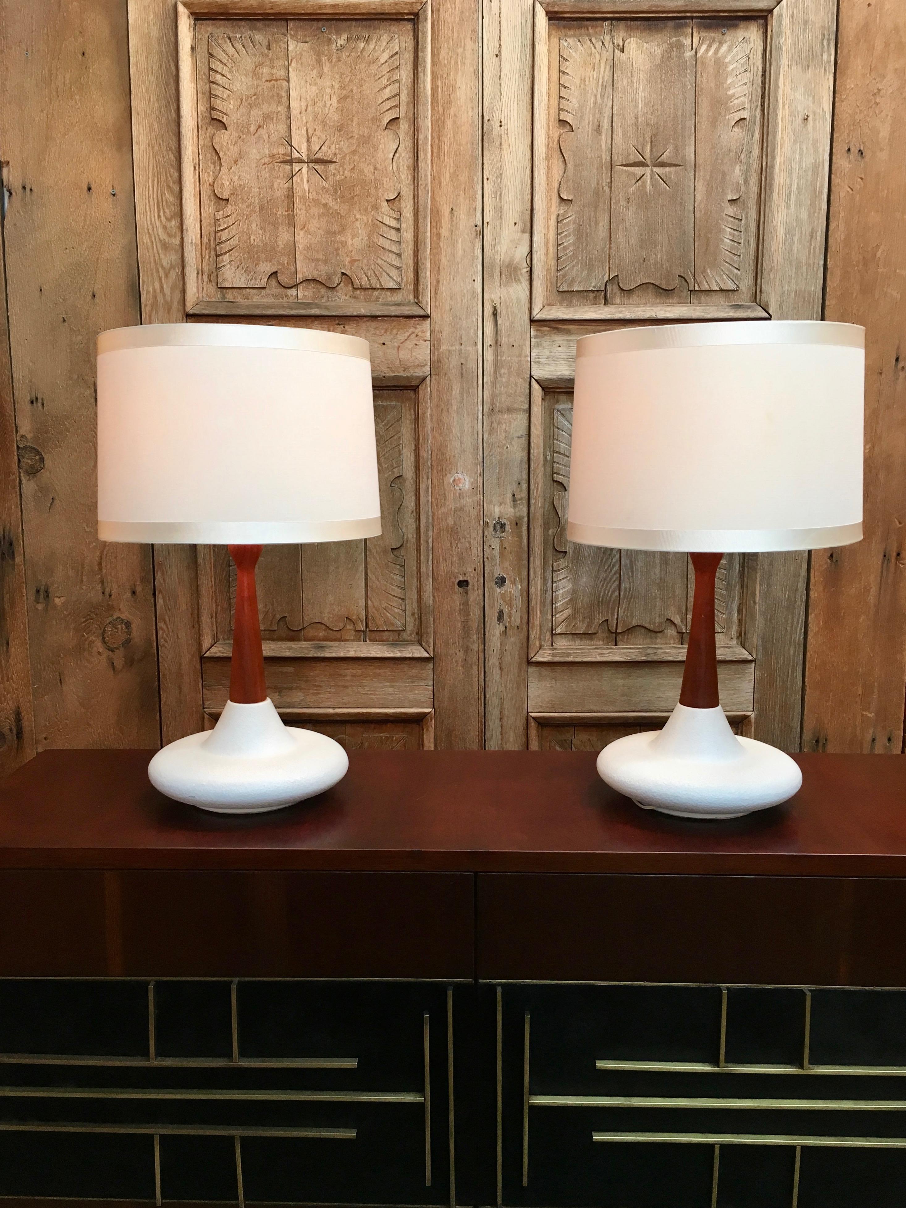 Midcentury Ceramic and Walnut Table Lamps 1