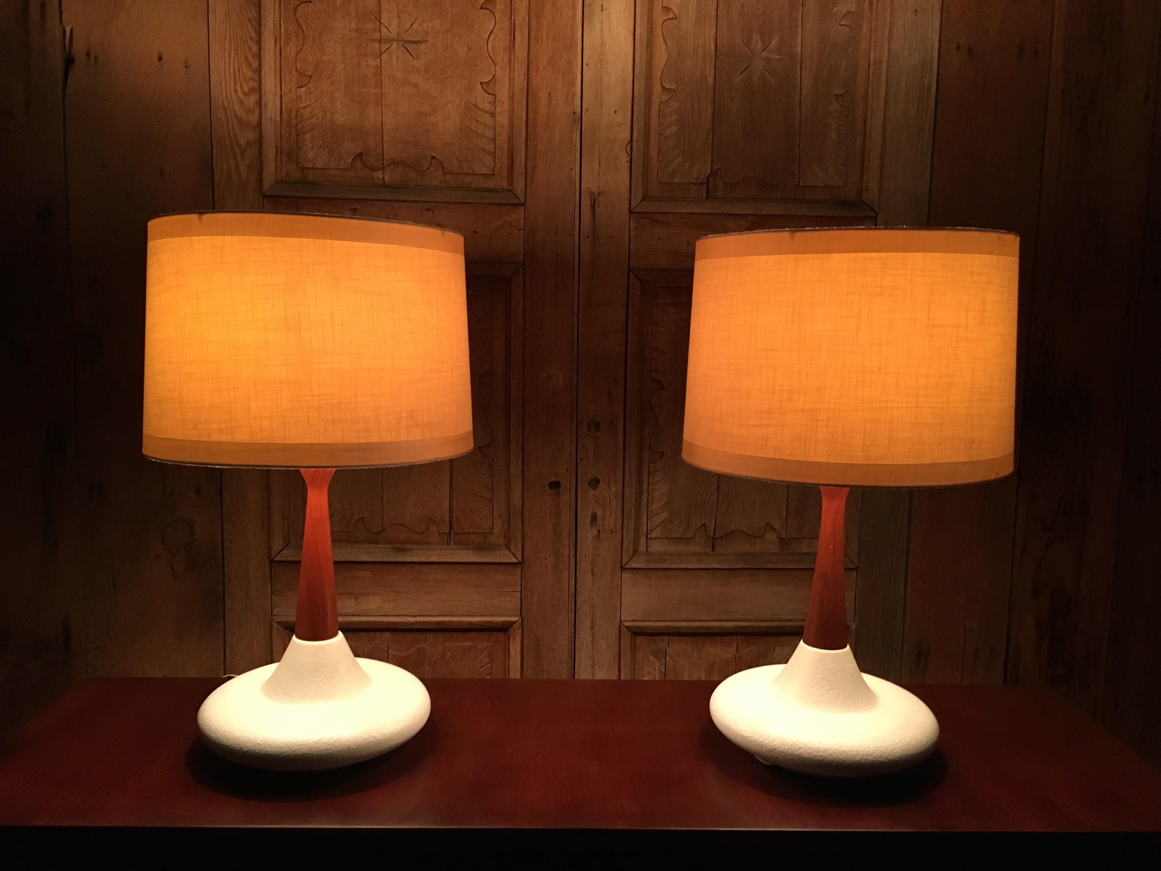 Midcentury Ceramic and Walnut Table Lamps 2