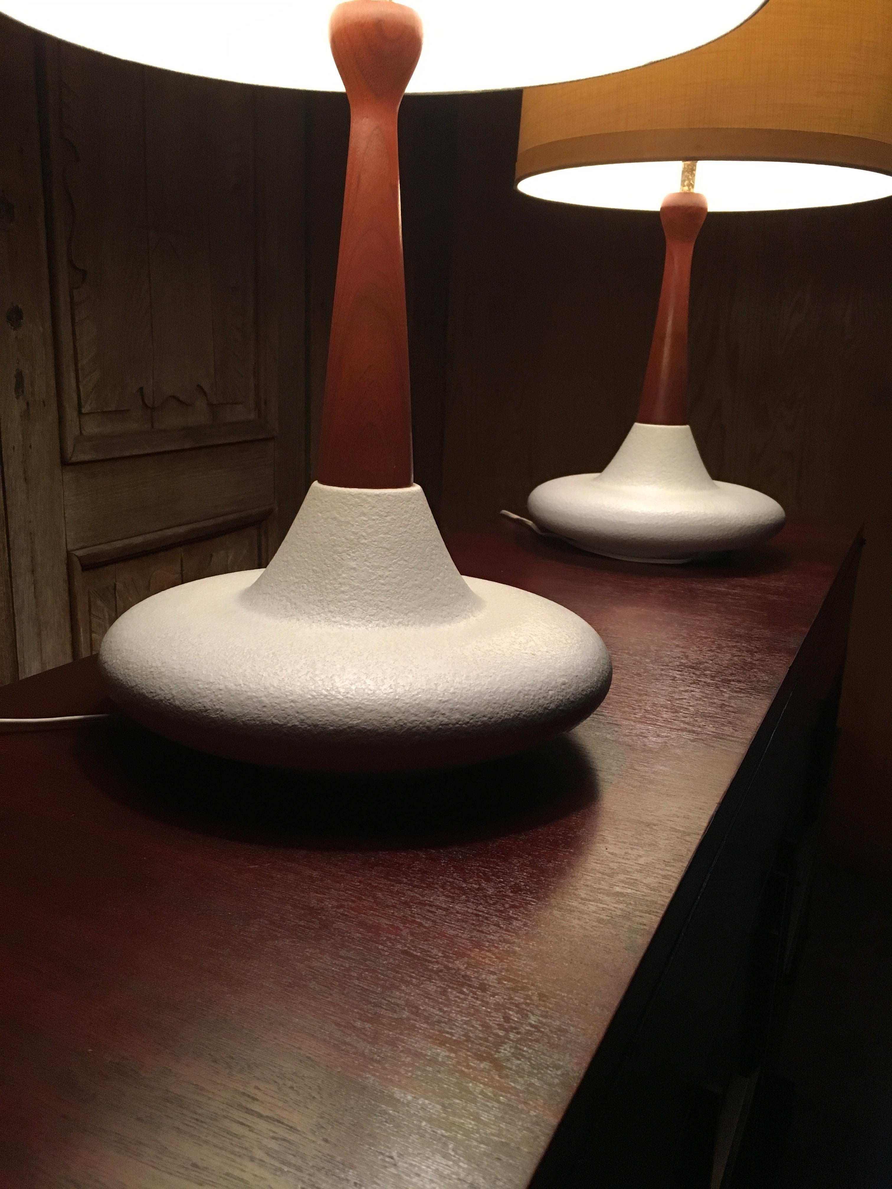 Midcentury Ceramic and Walnut Table Lamps 3