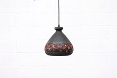 1970s Ceramic Bell Shaped Red and Gray Lava Glaze Pendant Light with Cut-Outs