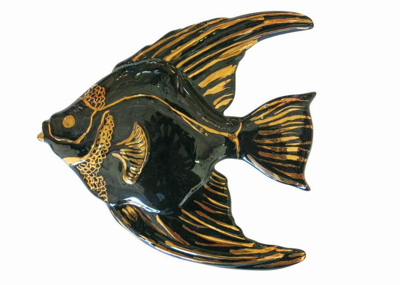 Mid-century Ceramic Black & Gold Plaster Aquatic Angelfish Wall Art, Set of 4 For Sale 2